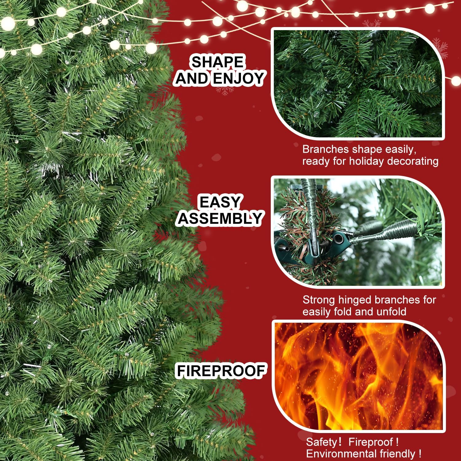 9ft Christmas Tree with Memory Wire – 1910 Tips, Hinged Artificial PVC Tree, Easy Setup Green Xmas Tree for Indoor Holiday Decor