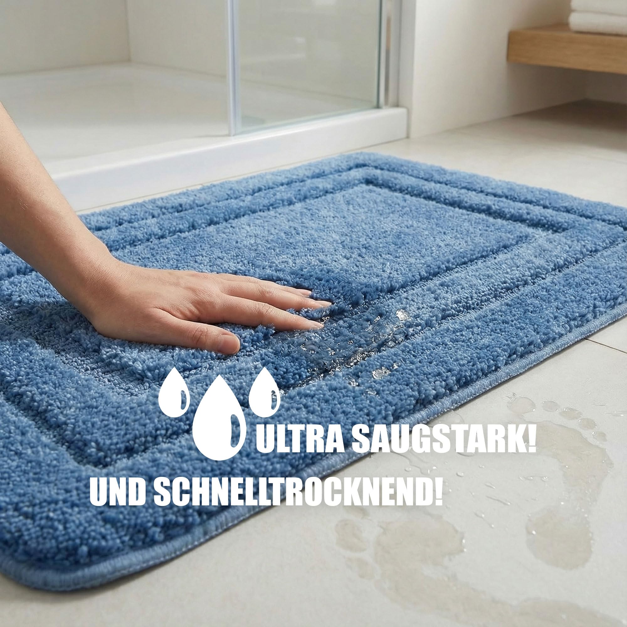 HELLSER Badezimmerteppich KIRA | Badematte rutschfest & Waschbar | Weicher Mikrofaser Badteppich | Saugfähig & Schnelltrocknend | Oeko-TEX Badvorleger für Fußbodenheizung | Blau | 60x120 cm