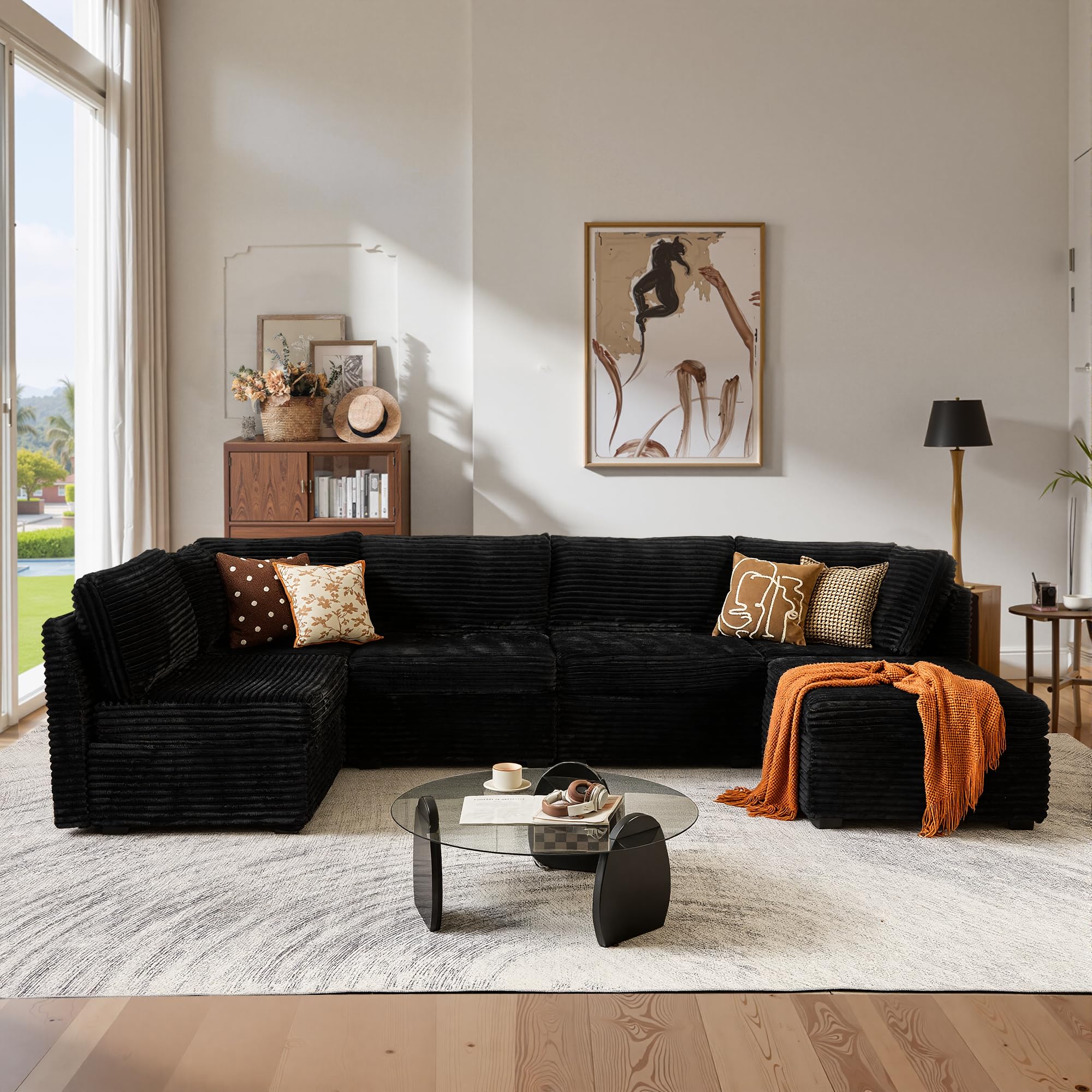 ovios Modular Sectional Sofa Couch with Sofa Bed L-Shape Chaise, Comfy Plush Corduroy Cloud Couches, Modern Luxury Deep Seat Sofas Set for Living Room, 6-Seater, Black