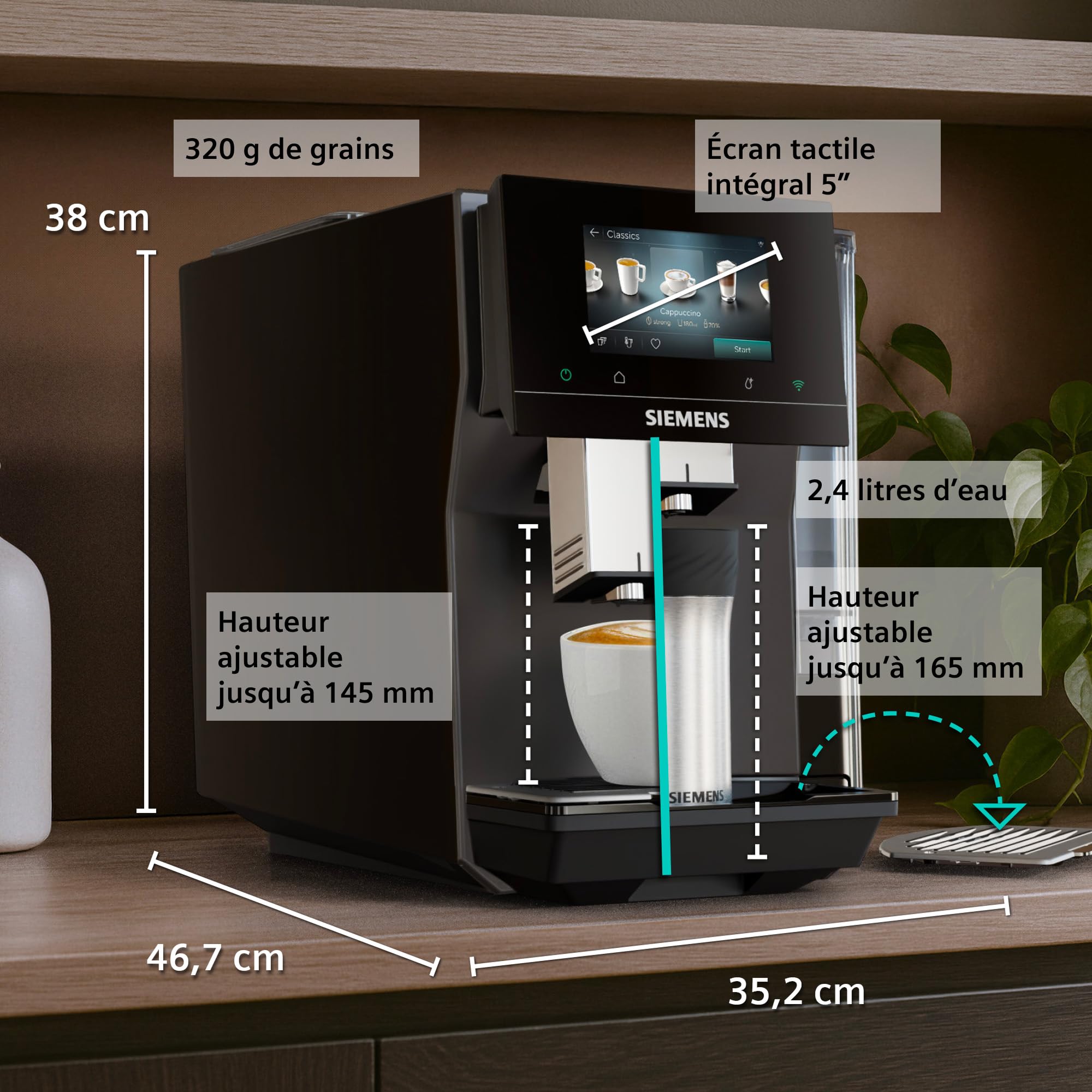 SIEMENS Machine à café entièrement automatique, EQ700 iAroma, écran tactile, Cold Brew et Slow Brew, application Home Appliances, morning haze, TP725E01