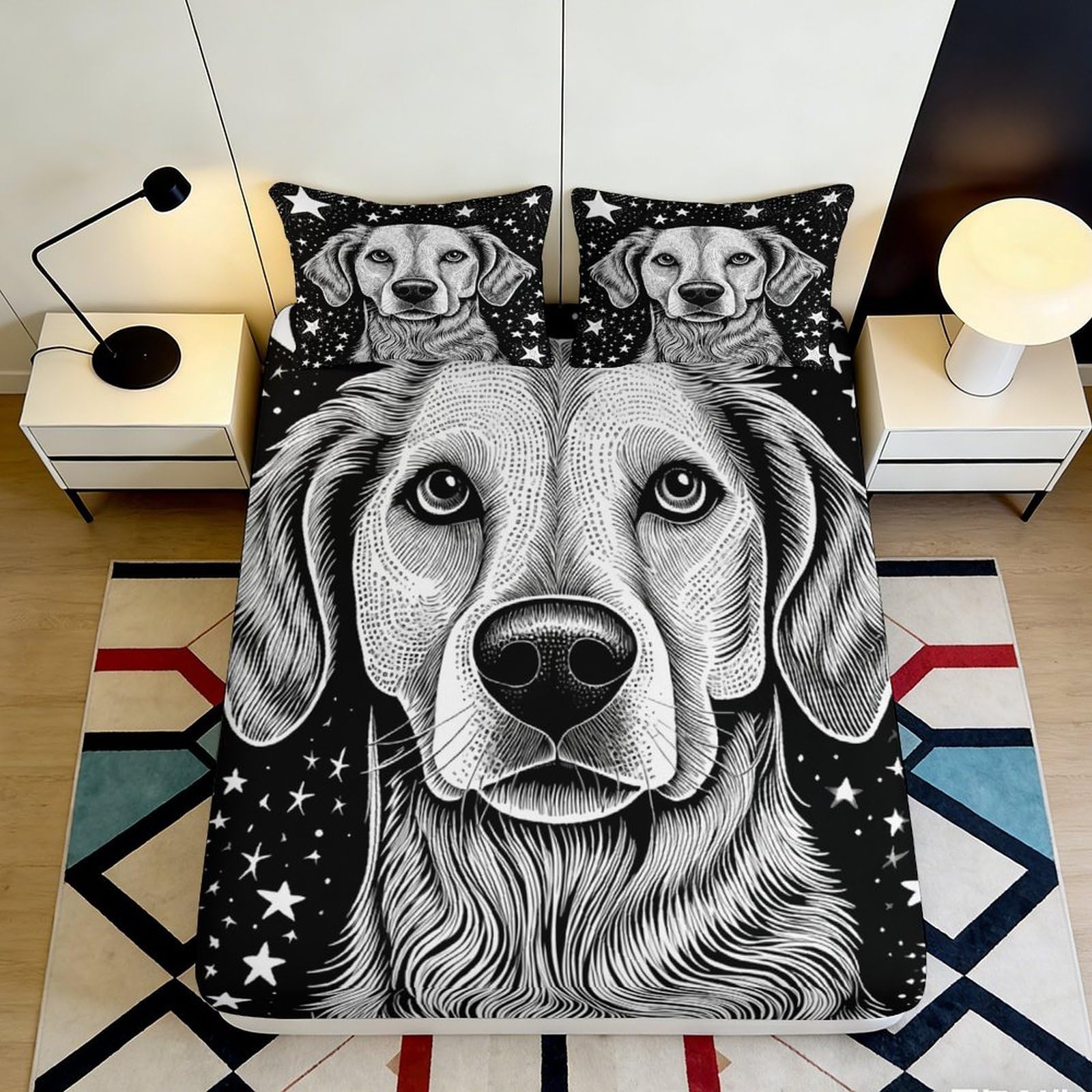 3D Printed Black Starry Sky Fitted Sheet Microfiber Soft Breathable Moon Rabbit Mattress Cover for Bedroom Guest Room Decor 200x200x25cm