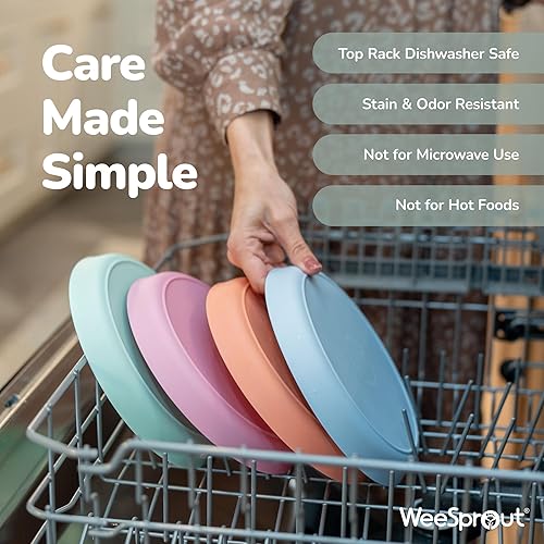 Miniatura 7 de WeeSprout Juego de 4 platos de bambú, silicona y melamina con tapas, diseño de tamaño infantil para sobras, apto para lavavajillas (rosa, verde,