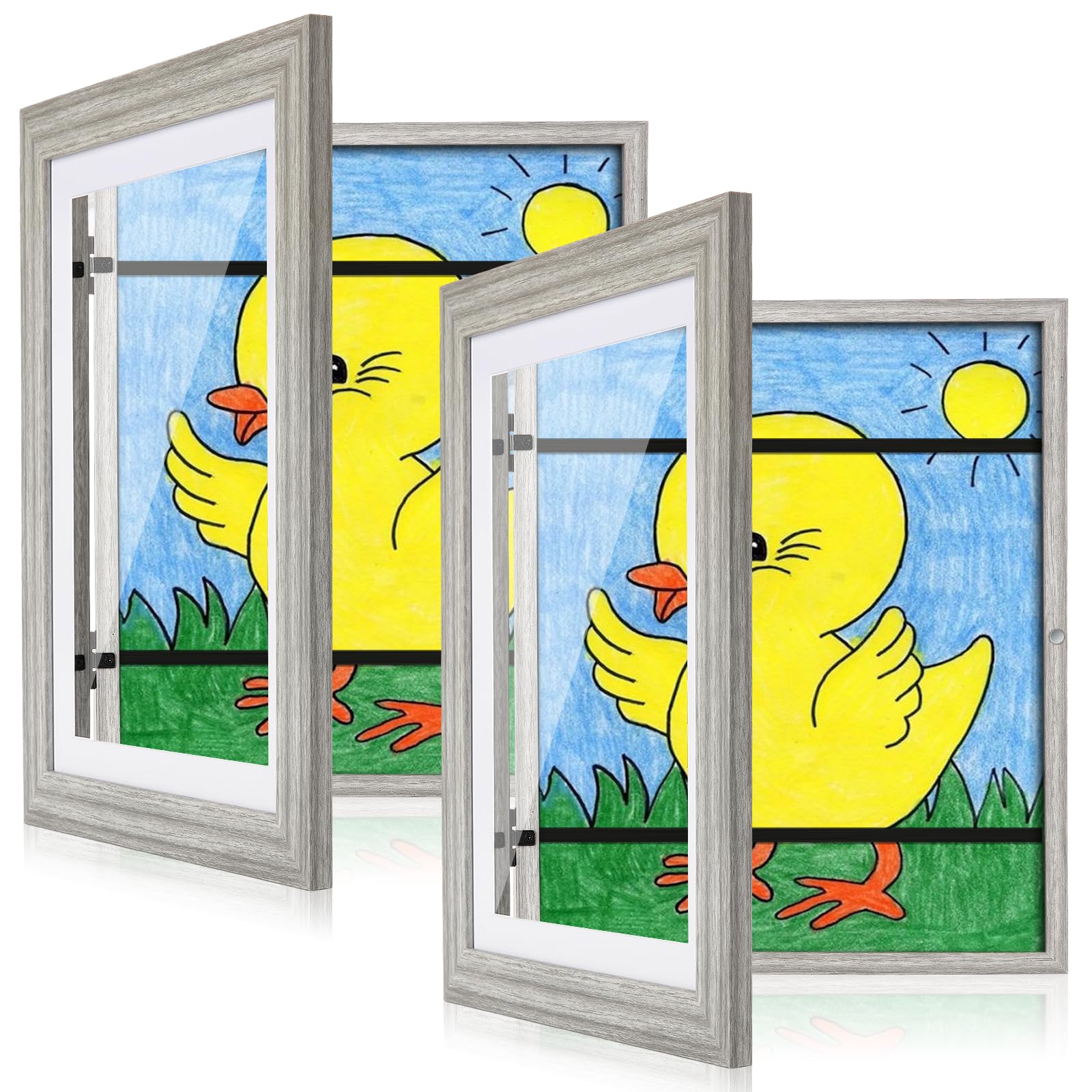 [2 Pack] Kids Art Frames, 10x12.5 Front Opening Kids Artwork Frames Changeable, Grey Wood Grain Artwork Display Storage Frame for Wall, Holds 50 Pcs, for 3D Picture, Crafts, Children Drawing, Hanging