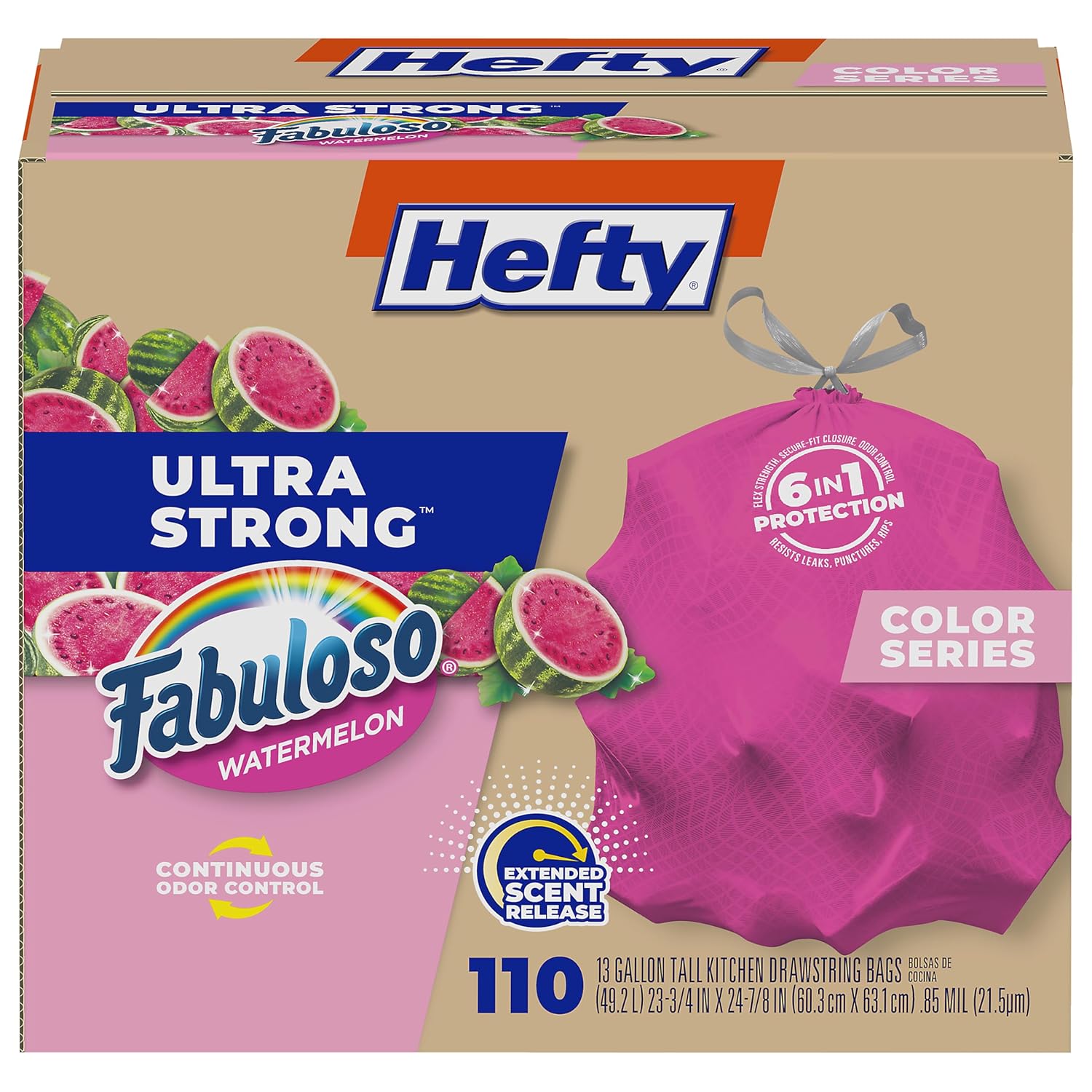 Hefty Ultra Strong 13 Gallon Trash Bags, Tall Kitchen Trash Bags 13 Gallon Size, Resist Leaks, Punctures, and Rips, Continuous Odor Control, Pink, Fabuloso Watermelon Scent, 110 Bags Hefty Ultra Strong 13 Gallon Trash Bags, Tall Kitchen Trash Bags 13 Gallon Size, Resist Leaks, Punctures, and Rips, Continuous Odor Control, Pink, Fabuloso Watermelon Scent, 110 Bags