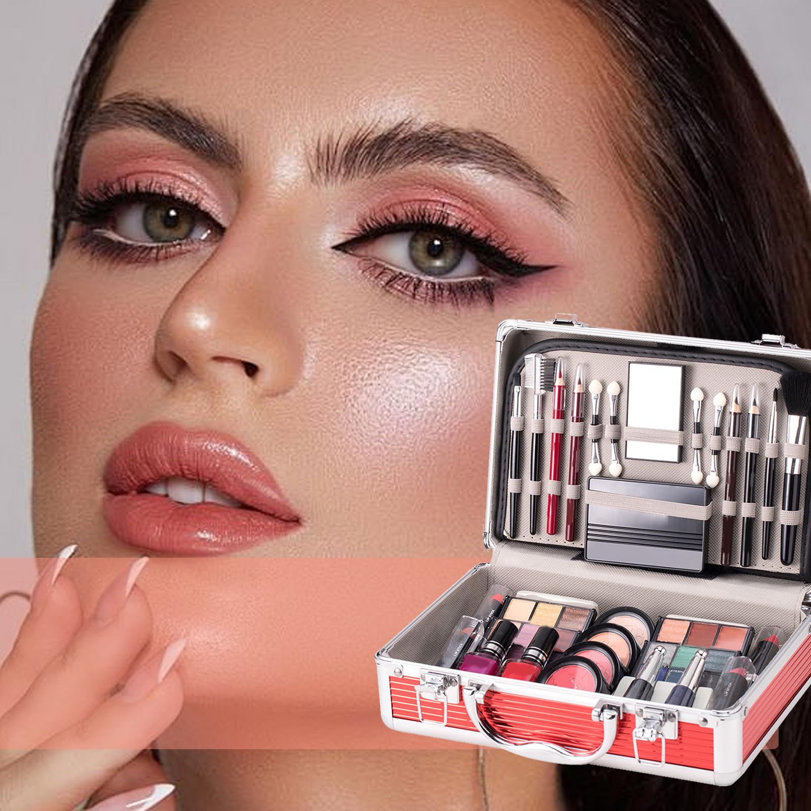 Zestaw do makijażu całej twarzy, zestaw do makijażu dla początkujących | Zestaw dla początkujących z etui,Cień powiek, róż, ołówek brwi, szminka, lakier paznokci, pędzel brwi d