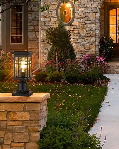 Miniatura 8 de Farol industrial para exteriores, luz de pilar exterior HWH, farol de poste impermeable con pantalla de vidrio transparente, acabado negro mate,