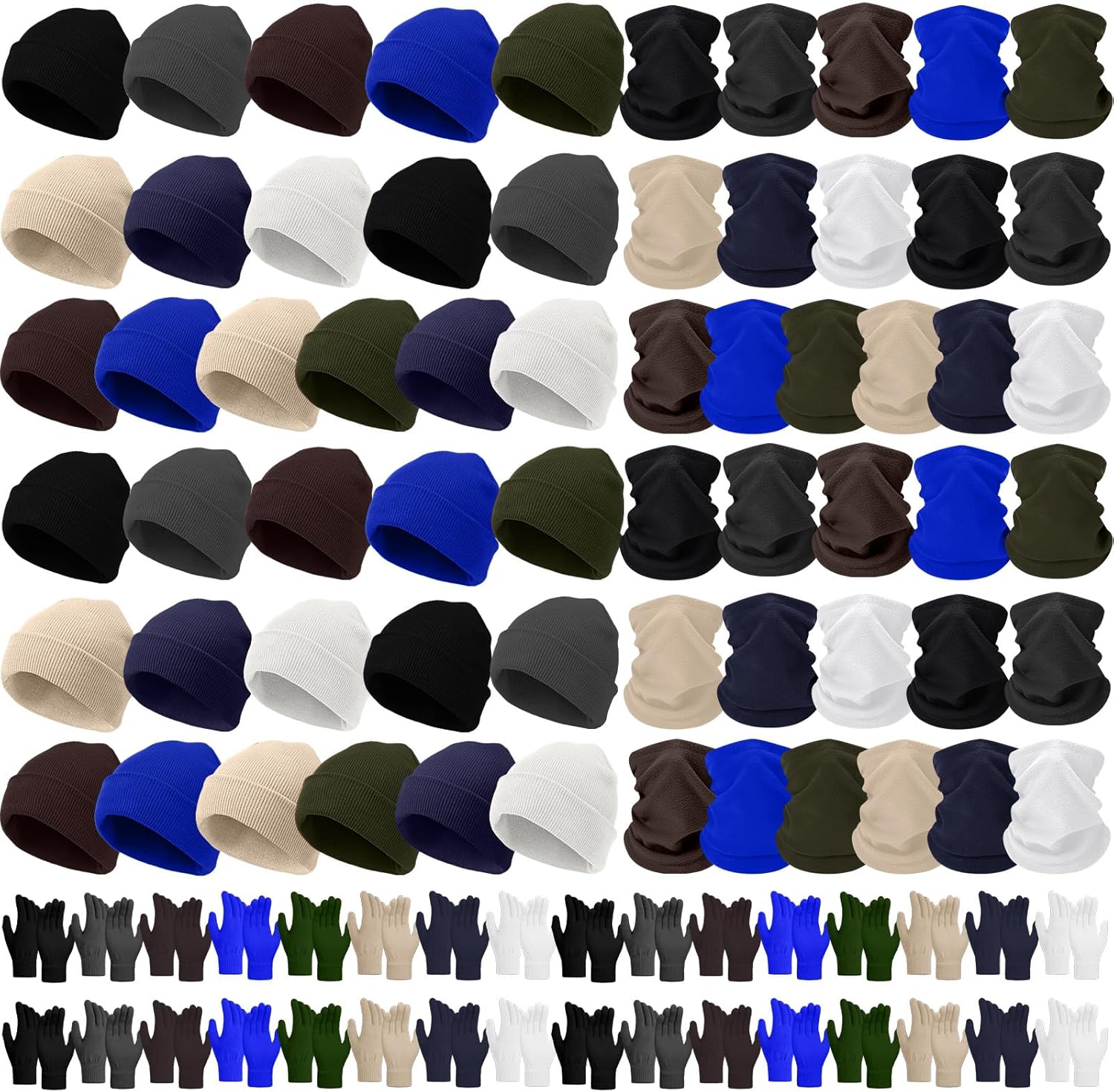 Yunsailing 96 Pcs Winter Beanie Hat Gloves Scarf Set Bulk for Snow Homeless Knit Skull Cap Fleece Neck Warmer for Adult