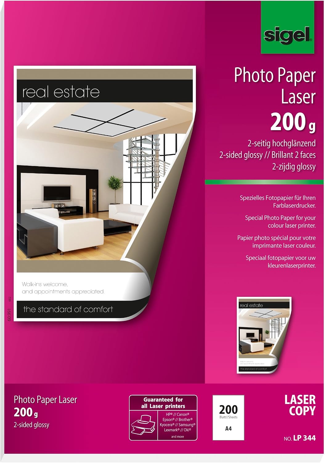 Sigel LP344 Photo Paper for Colour Laser/Copier, 2-sided glossy, 135.1 lbs, A4, 200 sheets