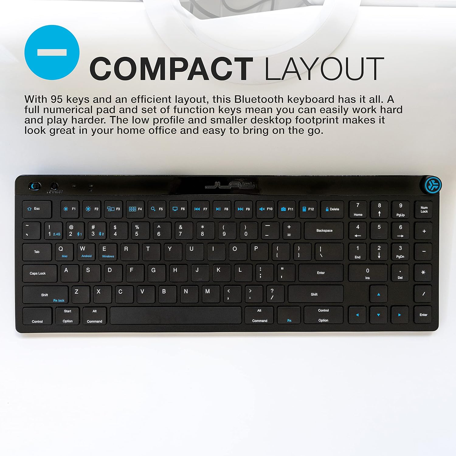 Overhead view of the JLab JBuds Wireless Keyboard, showcasing its compact 95-key layout with a full numerical pad.