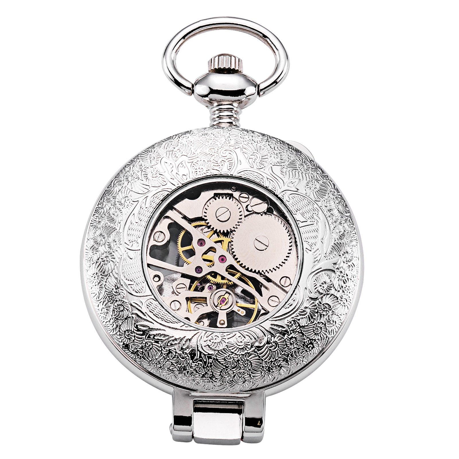 TREEWETO Montre de Poche Mécanique Steampunk pour Homme et Femme, Cadran Squelette Argenté avec Chaîne + Boîte, Argenté, Rétro