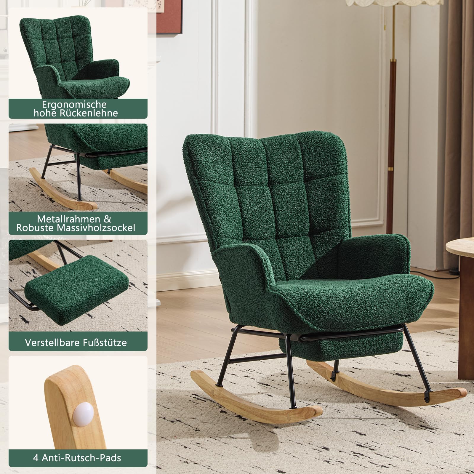 Schaukelstuhl mit Fußstütze, Schaukelsessel mit Fußstütze, Teddystoff Gepolsterter Relaxstuhl Lesesessel Sessel mit Holzkufen für Schlafzimmer Wohnzimmer, Grün