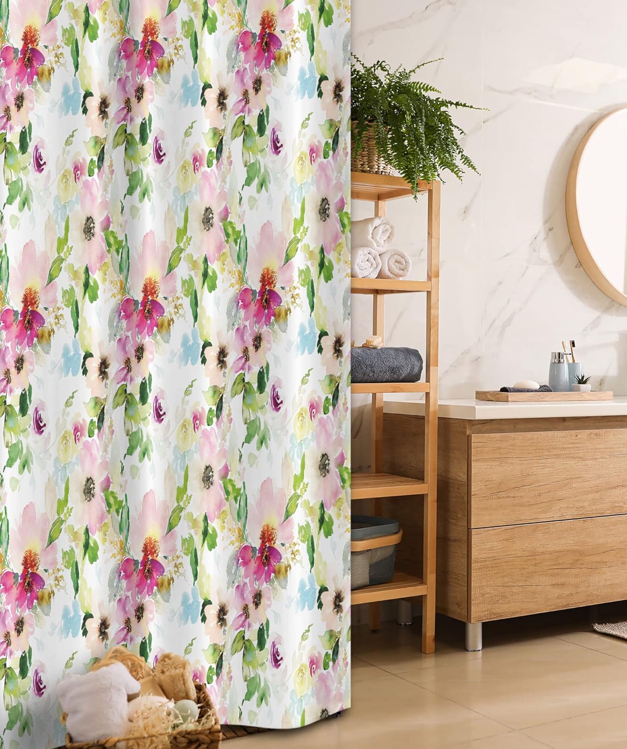 Ambesonne Floral Stall Shower Curtain, Spring Season Flowers Leaves Pastel Watercolors Hand Painted Vintage Romantic, Fabric Bathroom Decor Set with Hooks, 36" W x 72" L, Pink Purple Green