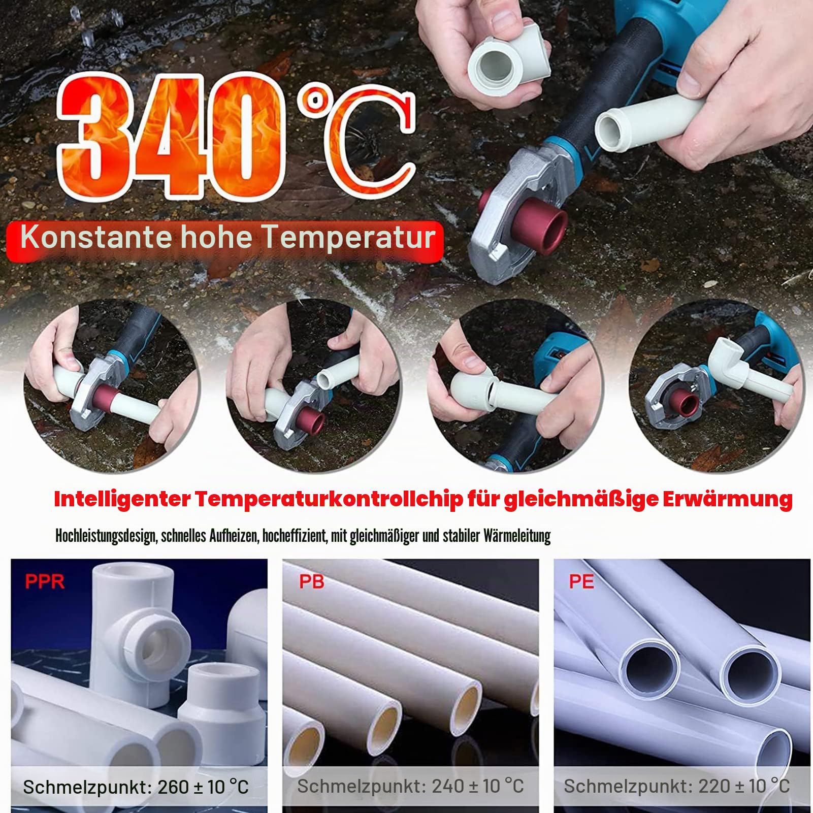 Kunststoff-Wasserrohrschweißgerät, Kabelloses Handschweißgerät für Muffenschweißungen, Wiederaufladbares PPR-Rohrschweißgerät mit 6 Schneidköpfen für PPR-PE-PB-HDPE-Rohre