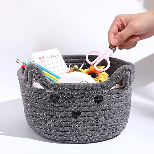 Miniatura 8 de Cesta de almacenamiento tejida para gatos, organizador con orejas decorativas para juguetes para mascotas, bonita canasta de cuerda de algodón para