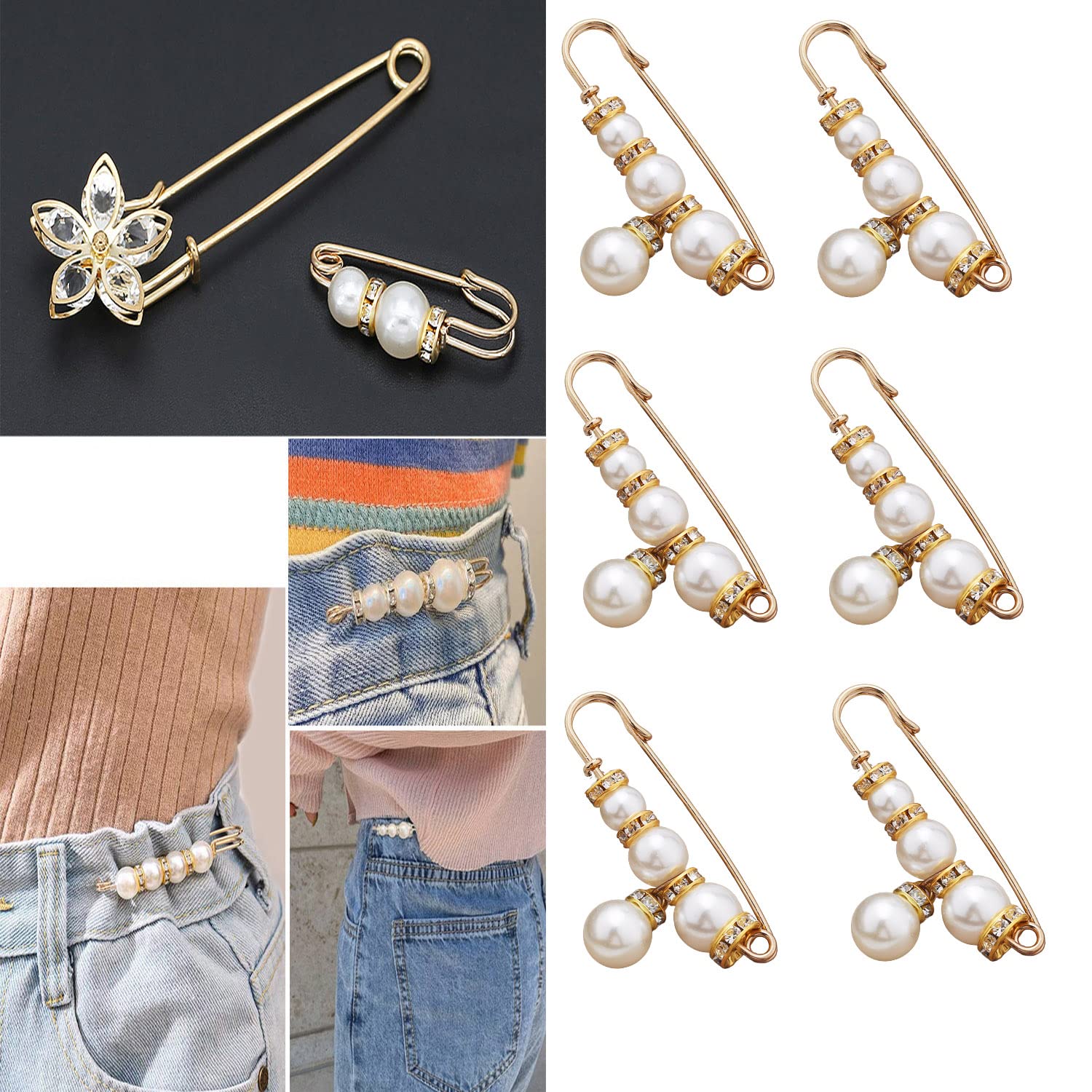 Set 8 Spille Da Balia Decorative Con Perle E Strass – Per Jeans, Scialli E Abiti, Oro