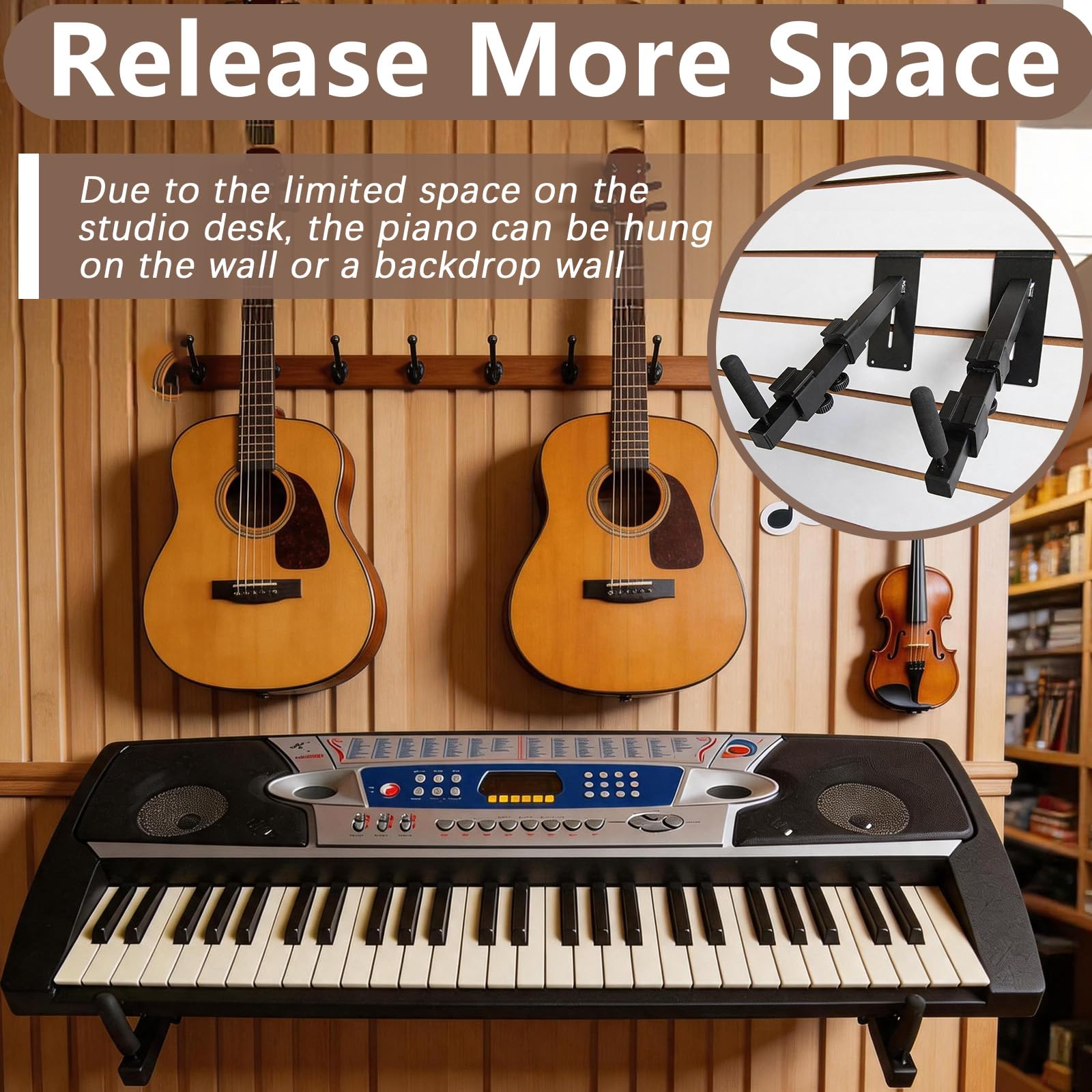 Lot de 2 Supports Mural pour Clavier, Universel Crochets Muraux pour Clavier Électronique Guitare et Banjo, Support Mural avec Bras Télescopiques, Compatibles avec les Instruments de Musique
