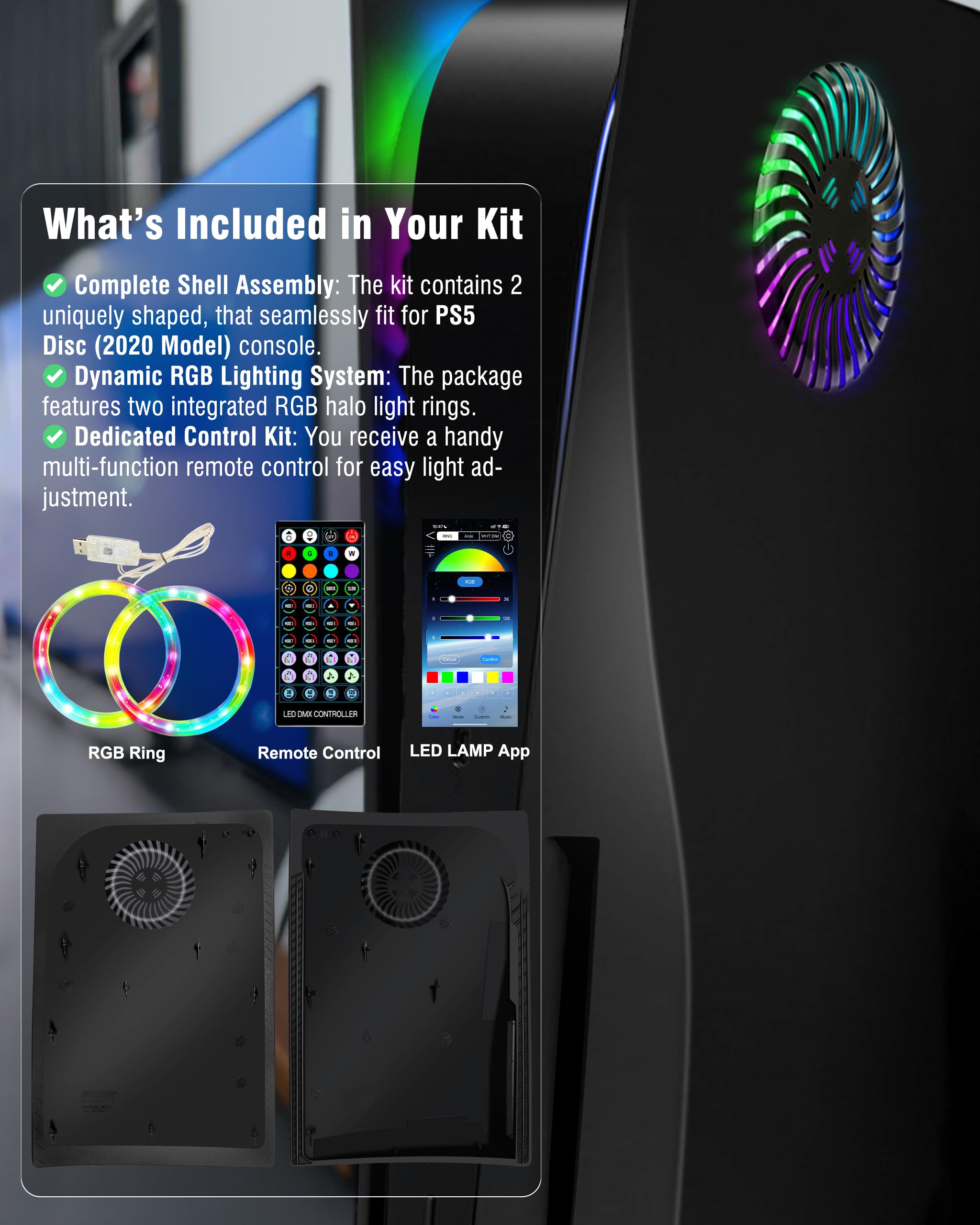 Joso Faceplate Shell Cover mit RGB-LED-Lichtstreifen für PS5 Disc Edition, ABS Anti-Scratch staubdicht Ersatz Faceplate Shell Case mit Lüfterschlitzen, Musik-Sync mit 8 Farben 400 + Lichteffekte