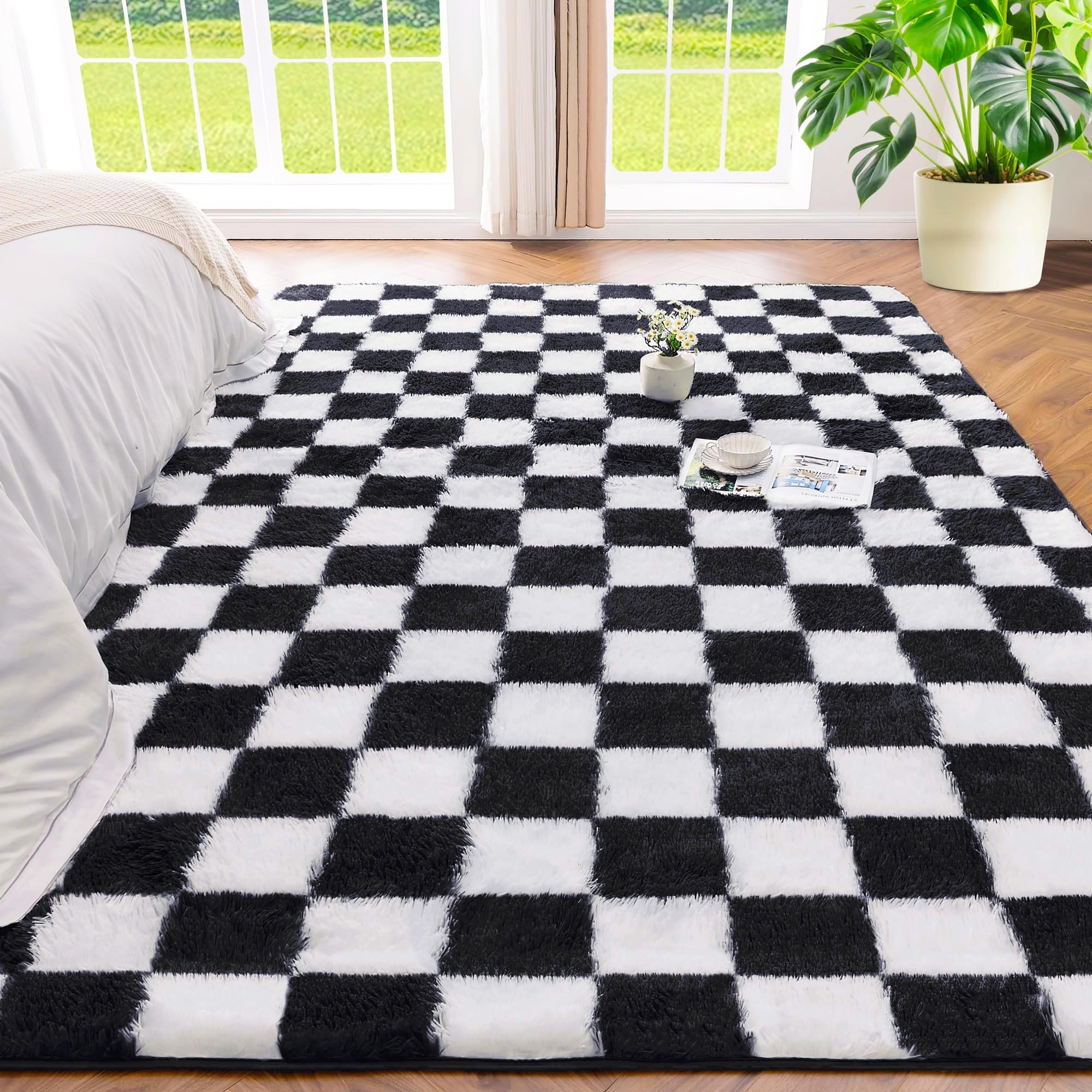 Andency 4x6 Ft Black and White Area Rug for Living Room Classic Checkered Shaggy Rug Non-Slip High Pile Soft Fluffy Rug Fuzzy Carpet Bedroom Kids