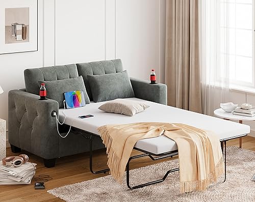 Miniatura 11 de LINSY HOME Sofá cama extraíble – Sofá cama de tamaño matrimonial, sofá cama convertible con carga USB, sofá cama extraíble, sofá biplaza de espuma