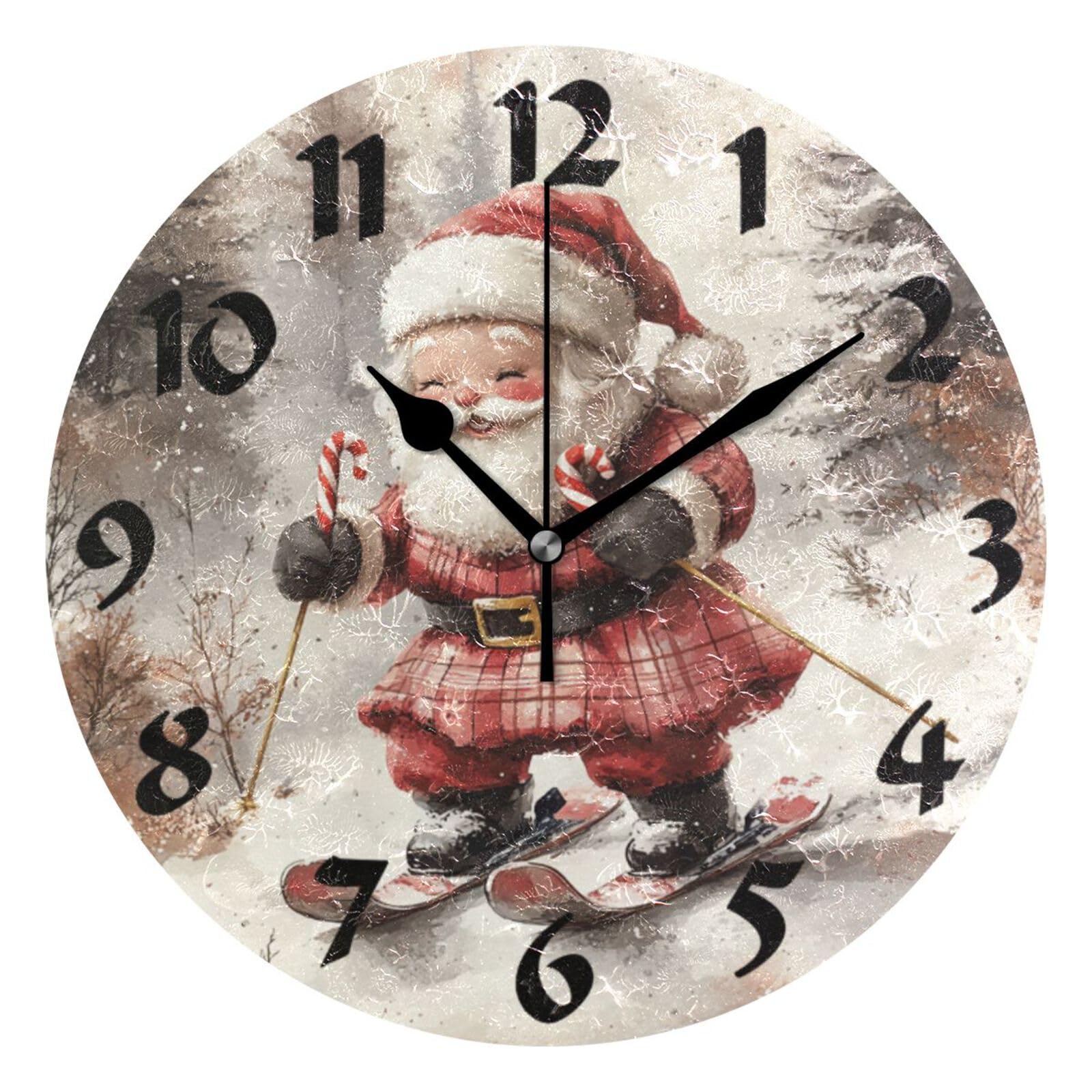 Horloge murale Père Noël skiant de 25cm pour cuisine et chambre