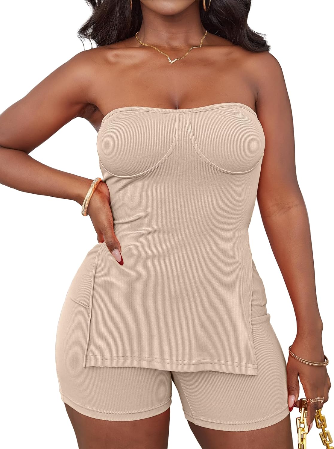 LovelyWholesale Shorts Sets Women 2 Piece Outfits Split Ribbed Tube Tops and Shorts Matching Sets - Image 2