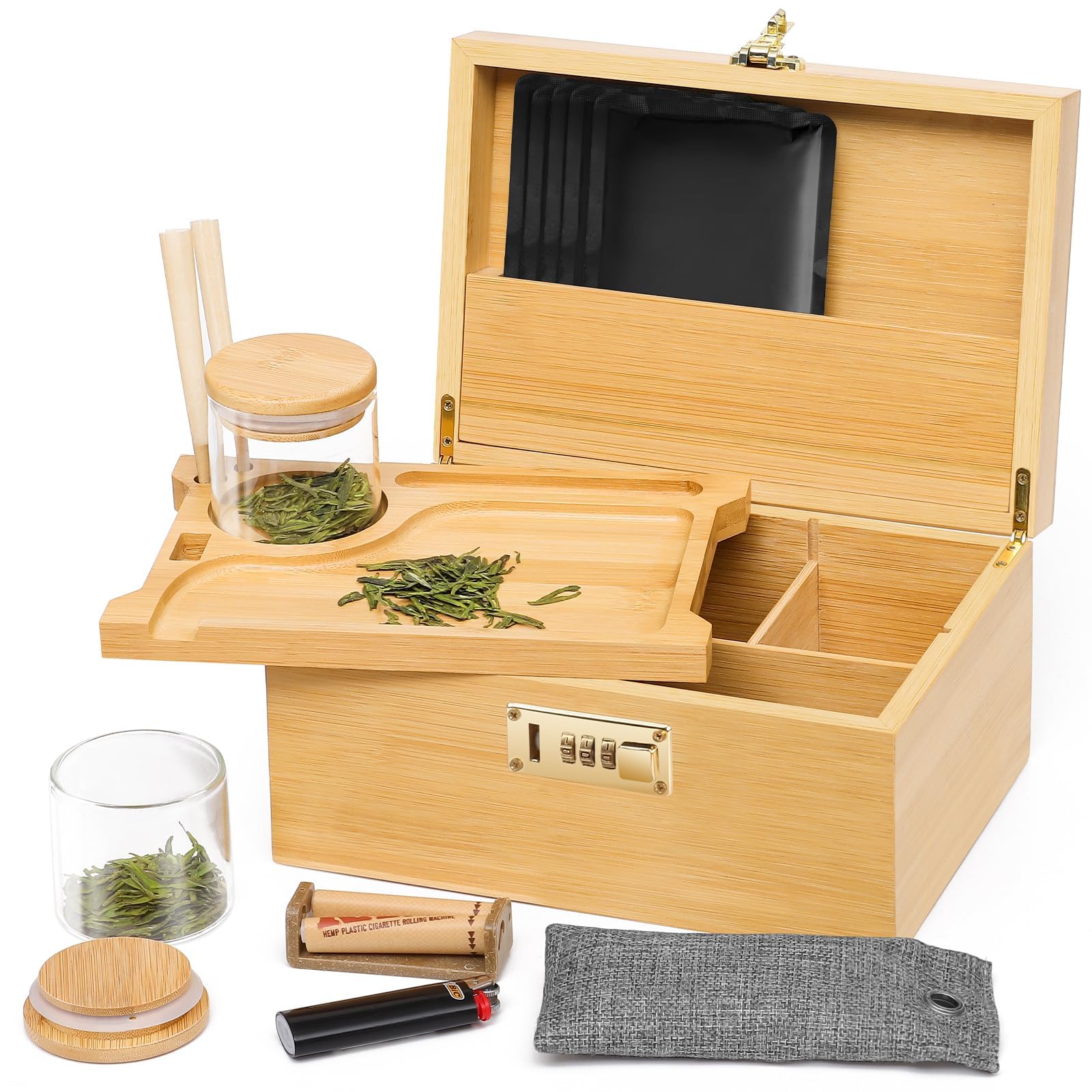 OZCHIN Große Bambusbox mit Zahlenschloss, Dekorative Aufbewahrungsbox für Zuhause, Geschenk, Aufbewahrungskiste mit Glasbehälter, Tablett, Wiederverschließbaren Beuteln und Mehr
