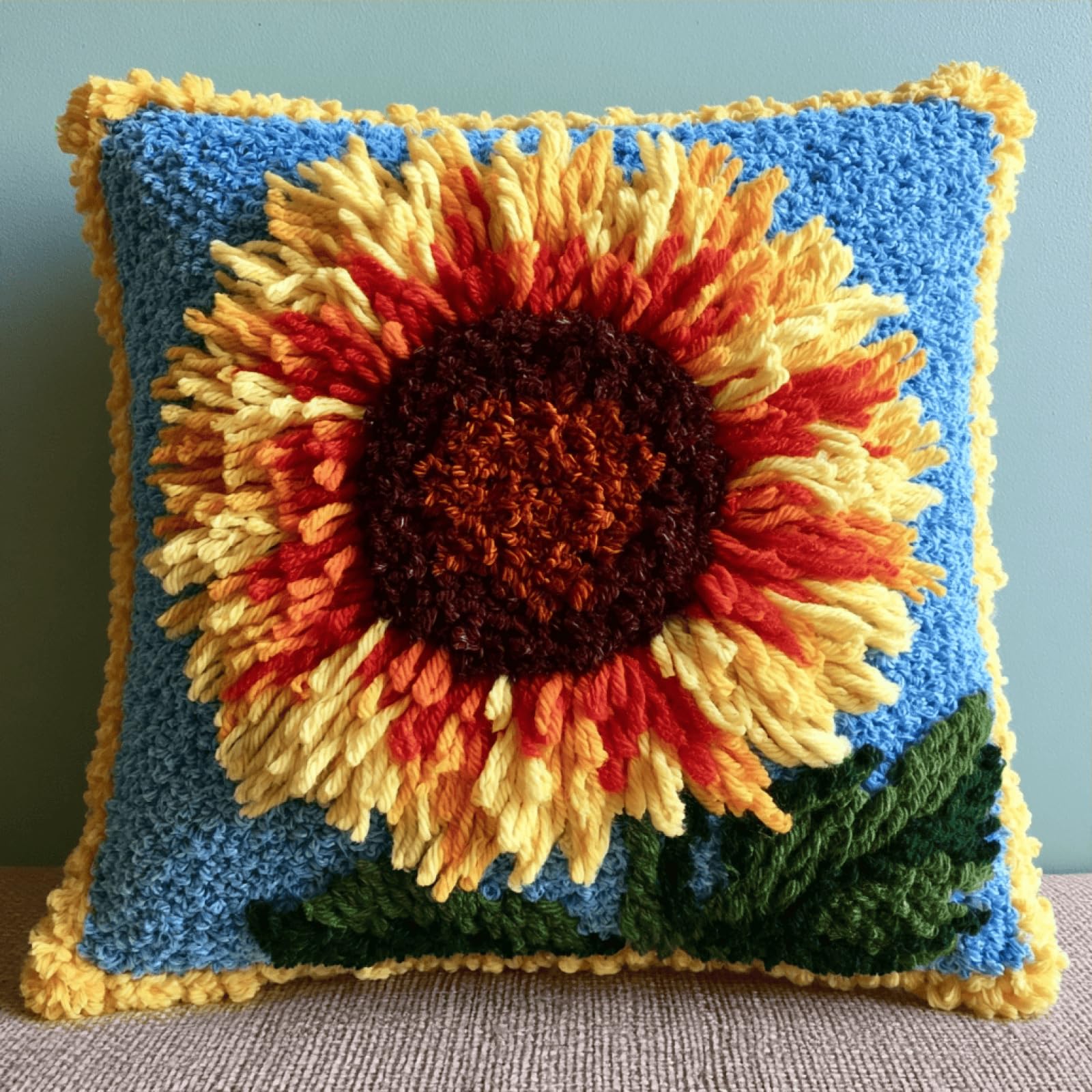 Latch Hook Cushion Kit,DIY Pillow Cover Craft Kit,43x43 cm,Sunflower