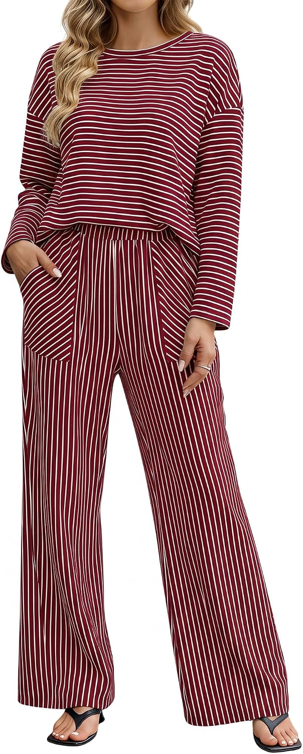 Anbech Women Pajams Womens Striped 2 Piece Sets Matching Lounge Set