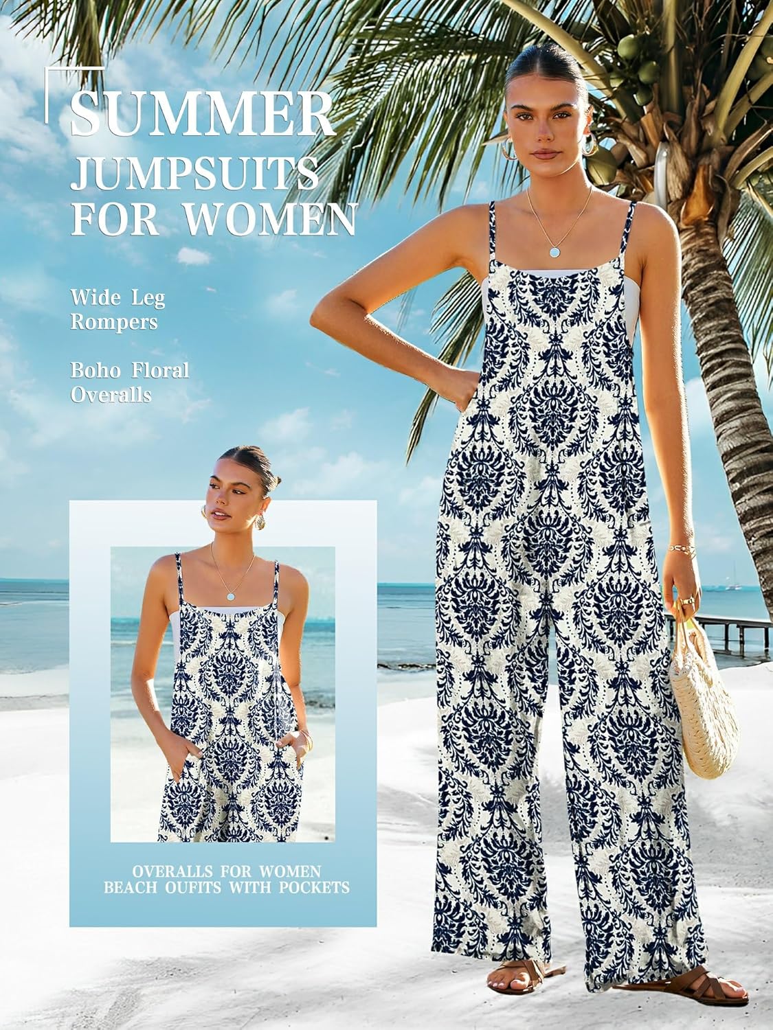 ATOG Women's Summer Jumpsuits Boho Wide Leg Overalls Casual Floral Print Rompers Beach Outfits with Pockets - Image 5