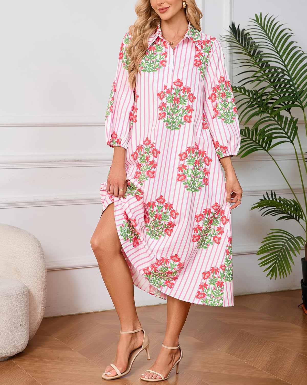 Womens Spring 2026 Casual Floral 3/4 Puff Sleeve Midi Shirt Dresses Button Down Belted Dress with Pockets - Image 5