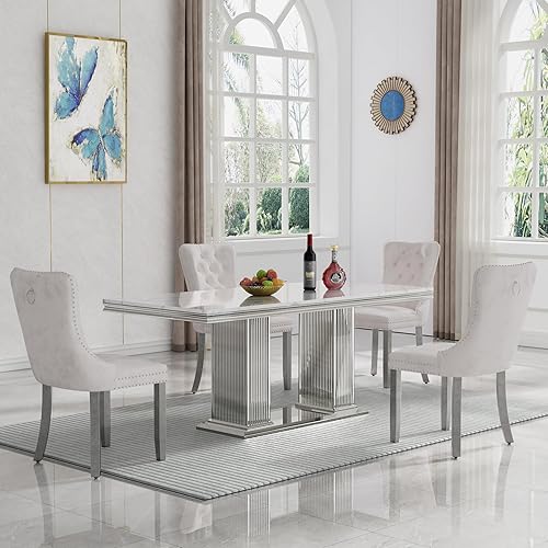 Miniatura 37 de Juego de mesa de comedor de 7 piezas, color blanco y plateado, mesa de cocina moderna de mármol sintético de 68 pulgadas con 6 sillas tapizadas Mesa