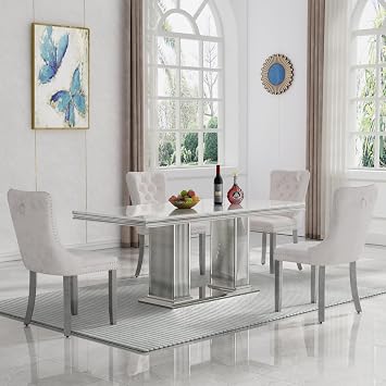 68 in Marble Dining Table Set for 4, Modern LargeKitchen Table and Beige Velvet Chairs Set for 4, White SilverDinner Table Set with Mirrored Stainless Steel Pedestal, Luxury 5 Piece Dining Table Set