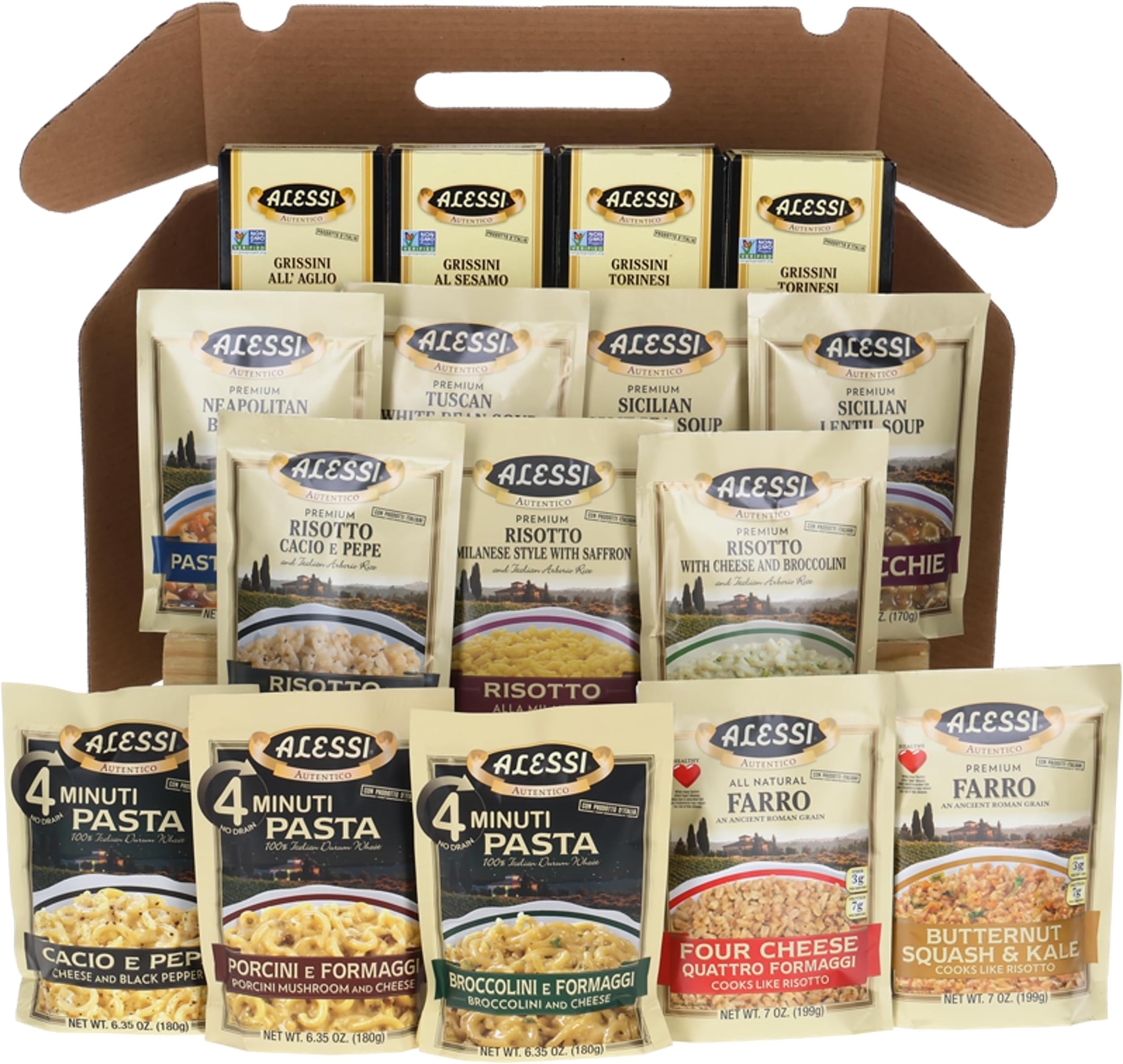 Alessi Taste of Italy Holiday Variety Gift Box, Sampler of Culturally Inspired Soups, Pastas, Risottos, Farros and Premium Bread Sticks
