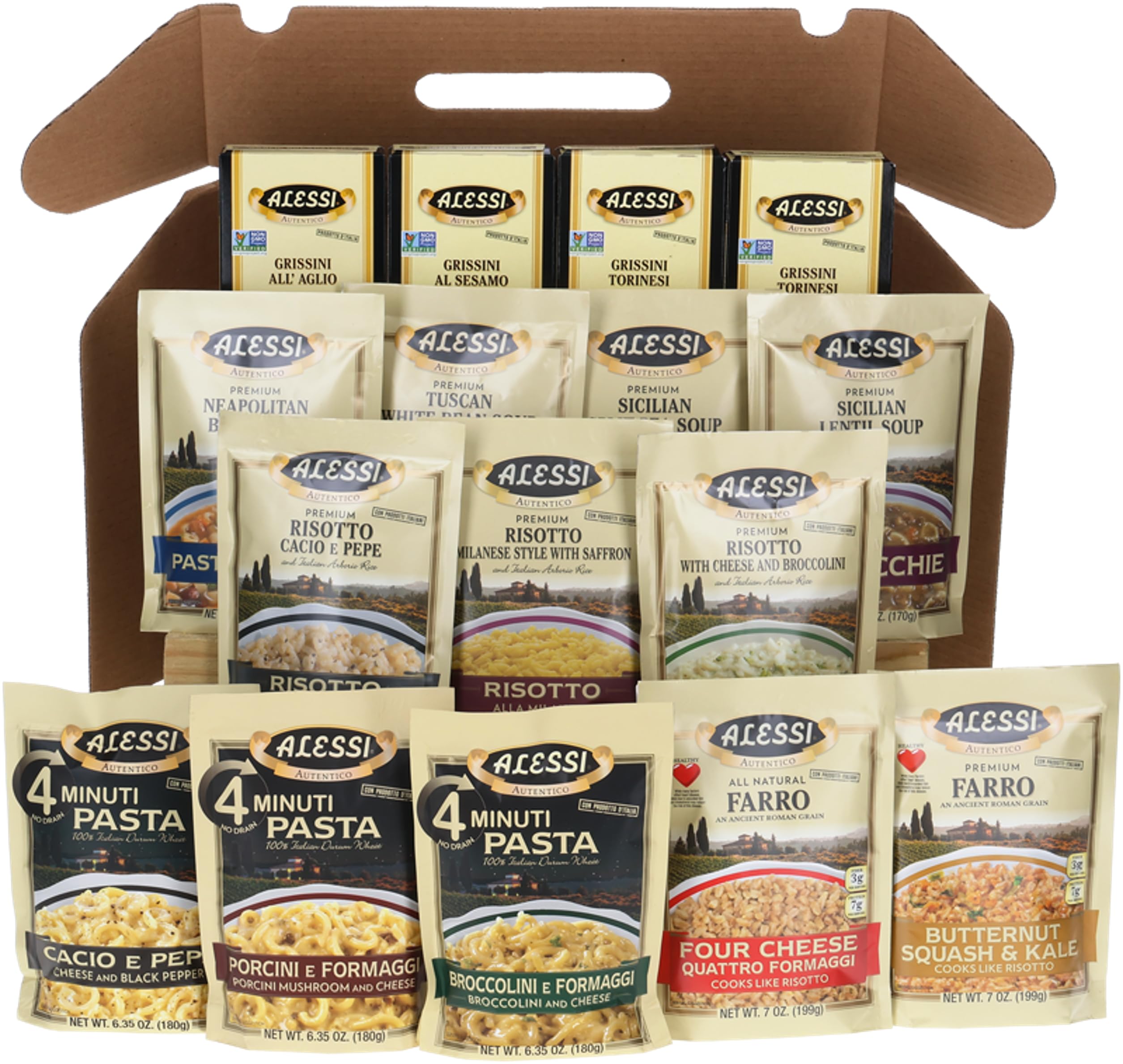 Alessi Taste of Italy Holiday Variety Gift Box, Sampler of Culturally Inspired Soups, Pastas, Risottos, Farros and Premium Bread Sticks