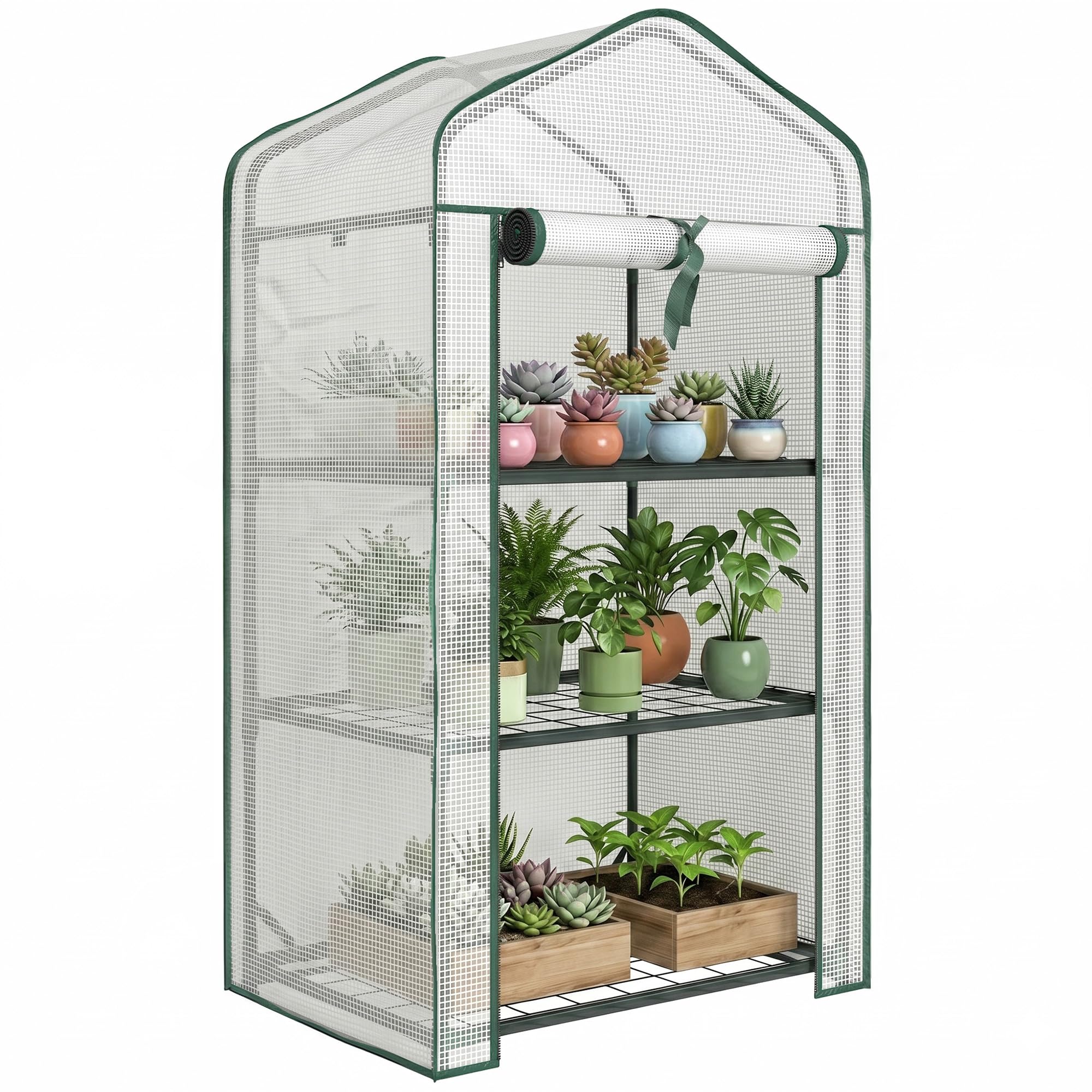 Outsunny 3 Tier Mini Greenhouse with Reinforced PE Cover, Portable Indoor Outdoor Greenhouse with Roll-up Door and Wire Shelves, 127H x 59W x 39D cm, White