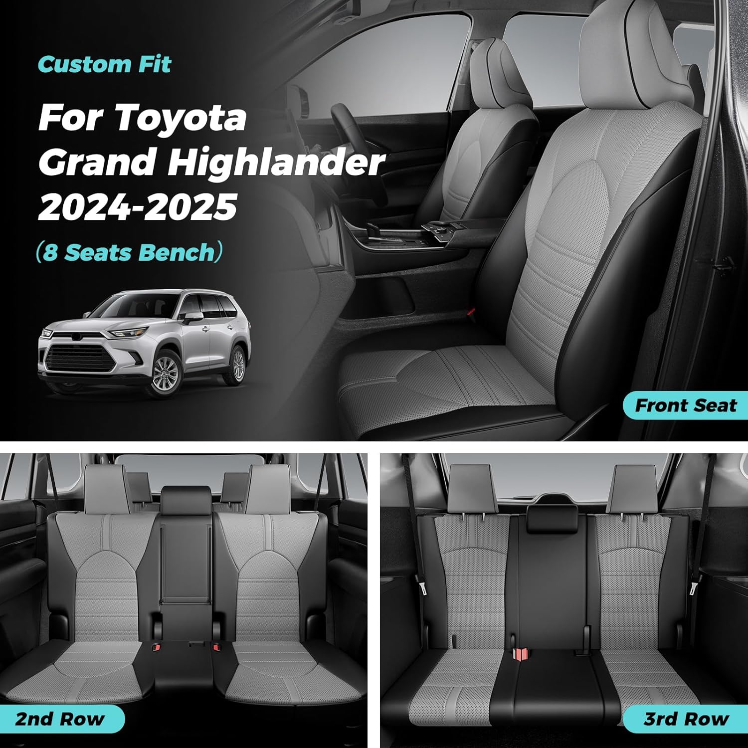 car seat covers customized for toyota grand highlander 2024 2025 2026 8 seater, full set faux leather replacement accessories - second row 40/60 split bench - black grey 2024-2026 grand highlander 40/60 split (8) black grey
