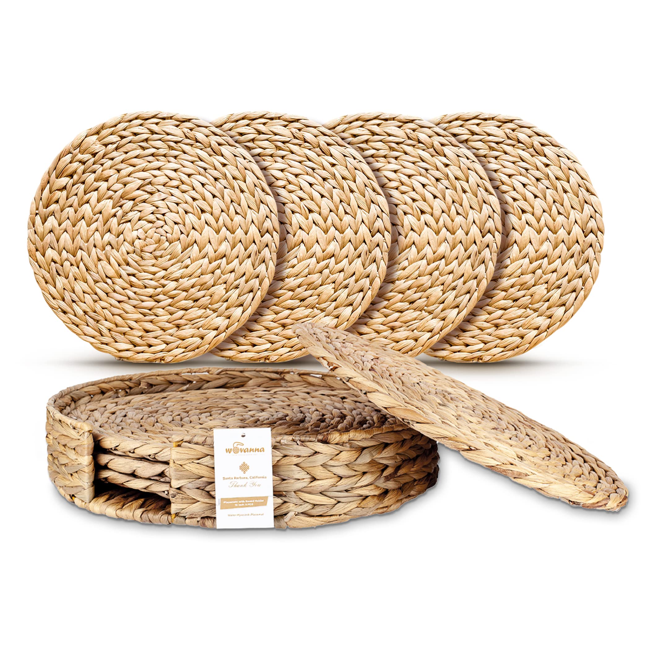 Wovanna Woven Placemats for Dining Table - Set of 4 Adorable Thick Rustic Round Kitchen Placemats with Decorative Round Holder – All Natural Wicker Tablemats Hand-Braided from Water Hyacinth, 15"