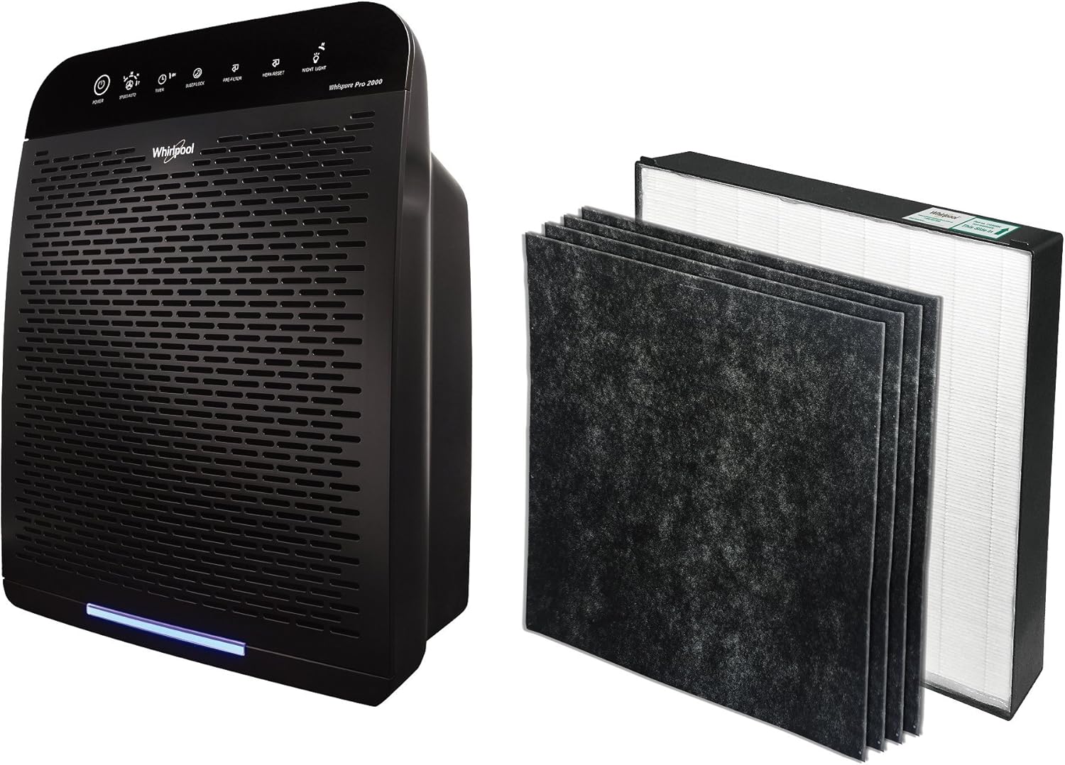Whirlpool WPPRO 2000 Air Purifier with Genuine Activated Charcoal Filter & True HEPA Filter Set - Odor Remover, Reduce Pet Dander, Mold - Doctor Recommended for Allergies, Asthma - Large Room - Black