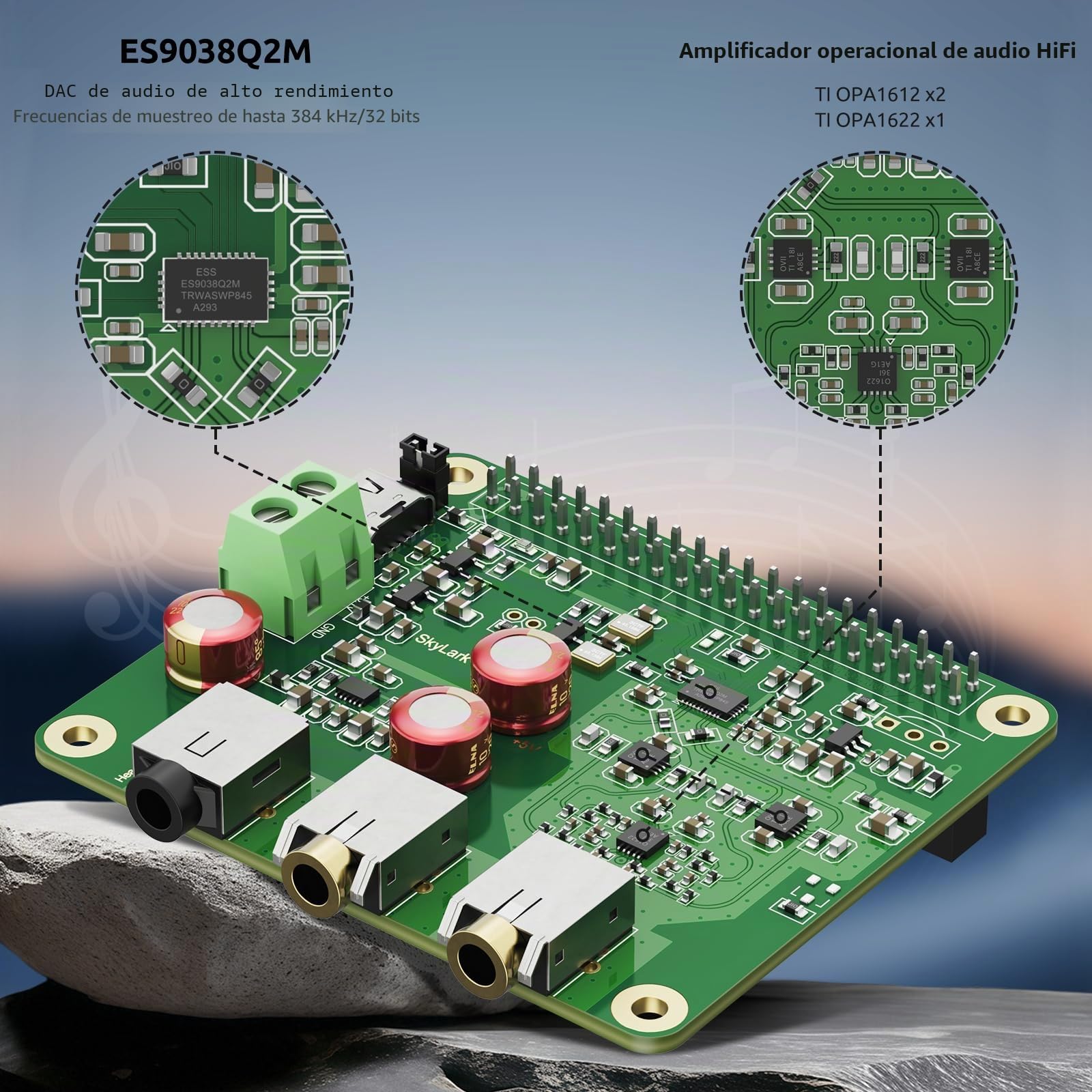 InnoMaker HiFi DAC Pro Hat con ES9038Q2M para Raspberry Pi 5/4/3B+/3B/Zero - Tarjeta de Audio 384kHz/32bit y DSD512, DAC para Volumio/Moode, Salida Auriculares y Balanceada