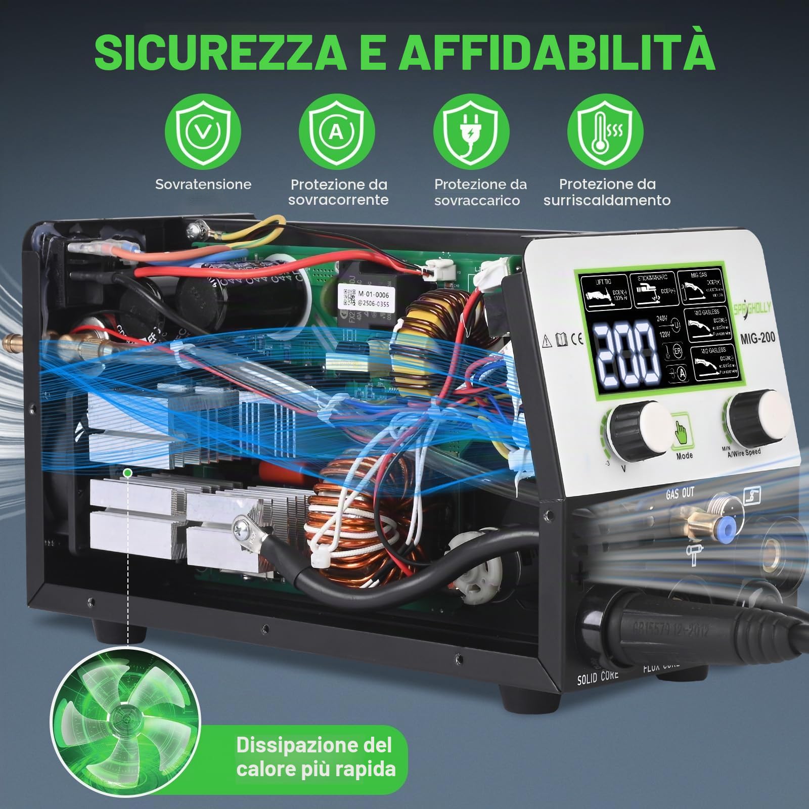 Saldatrice 5-in-1 200A 240V MIG/MAG Senza Gas MMA Lift TIG Inverter IGBT Display LED