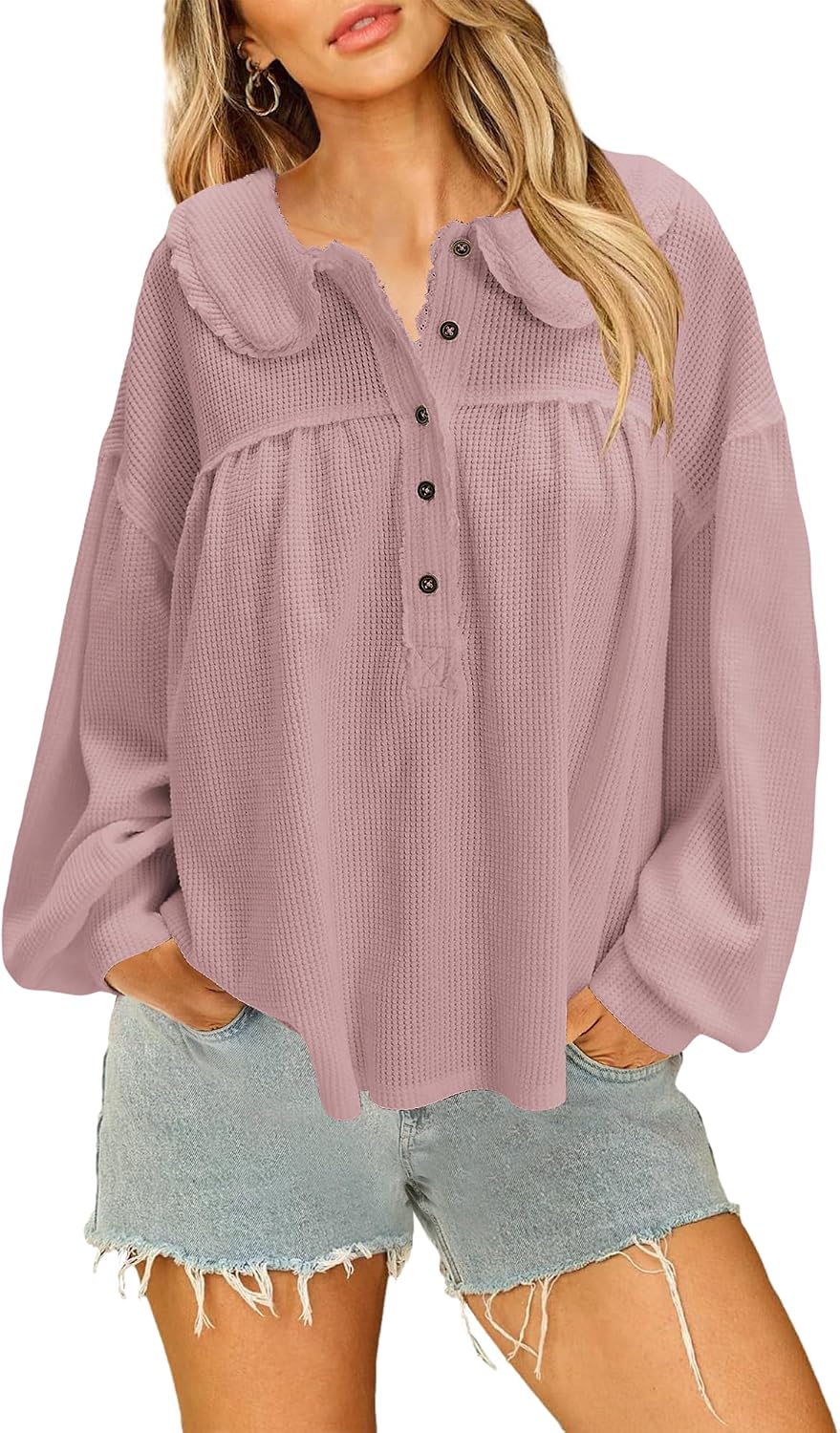 Nirovien Womens Babydoll Tops Oversized Waffle Knit Sweater Long Sleeve Henley Shirts Pullover Blouses