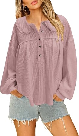 Nirovien Womens Babydoll Tops Oversized Waffle Knit Sweater Long Sleeve Henley Shirts Pullover Blouses