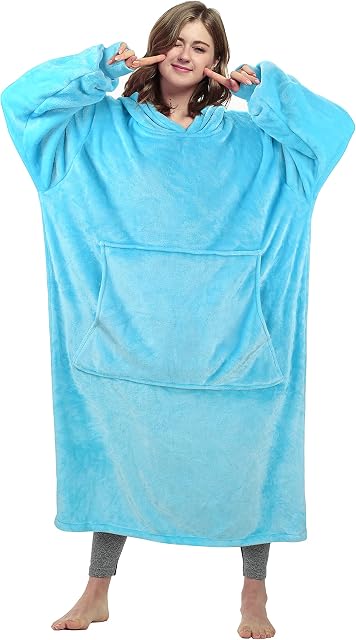 Catalonia Classy Extra Long Hoodie Blanket Oversized,Super Soft Fleece Warm Wearable Blanket, Giant Hoody with Large Front Pocket for Adults Men Women Blue