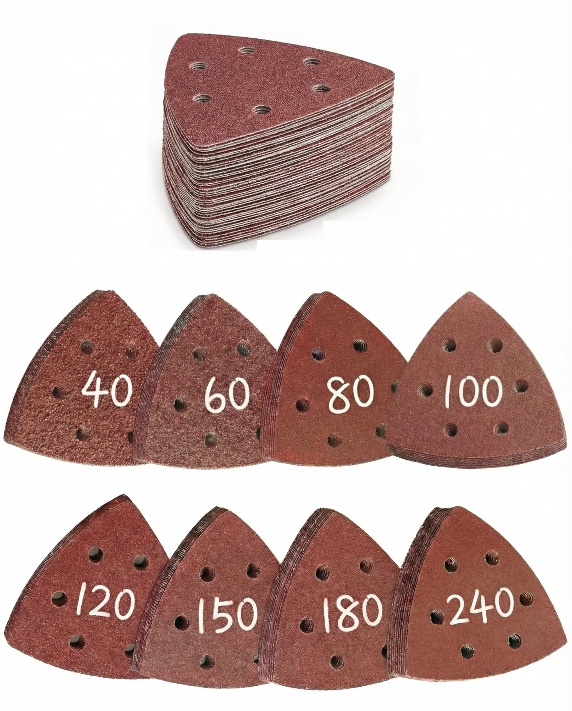 Delta zestaw papieru ściernego, 80 sztuk, 30 x 40, 60, 80, 100, 120, 150, 180, 240, ziarnistość: 6 otworów, 93 x 93 x 93 mm, rzep, trójkątny, do szlifierek trójkątnych, trójkątnych