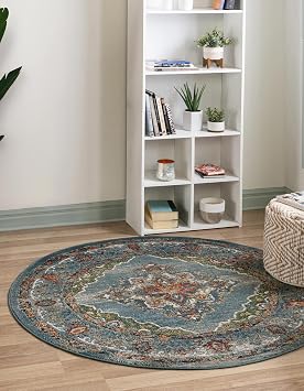 Unique Loom Isabella Collection Area Rug - Rossellini (6' 1" Round, Blue/ Beige)