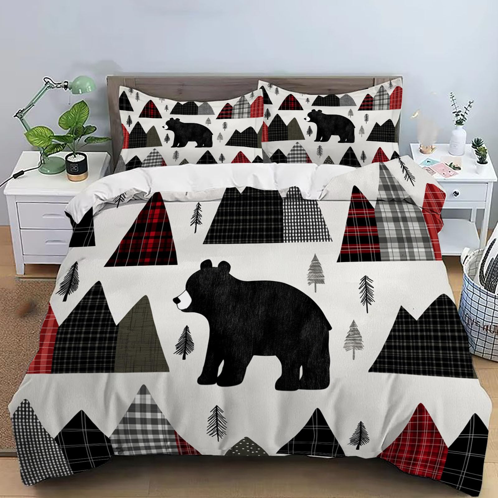 Housse de couette 140x200 cm doux noir et blanc pour lit 1 personne avec taie d'oreiller zippée