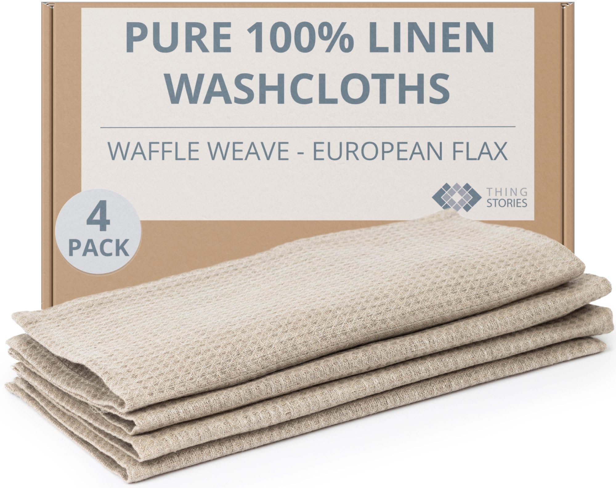 Flax Linen Washcloths for Bathroom - Waffle Washcloths 4-Pack 10x10 inch - Linen Face Cloths - Waffle Weave Cleaning Cloths with Loop - Exfoliating Face Towel for Women