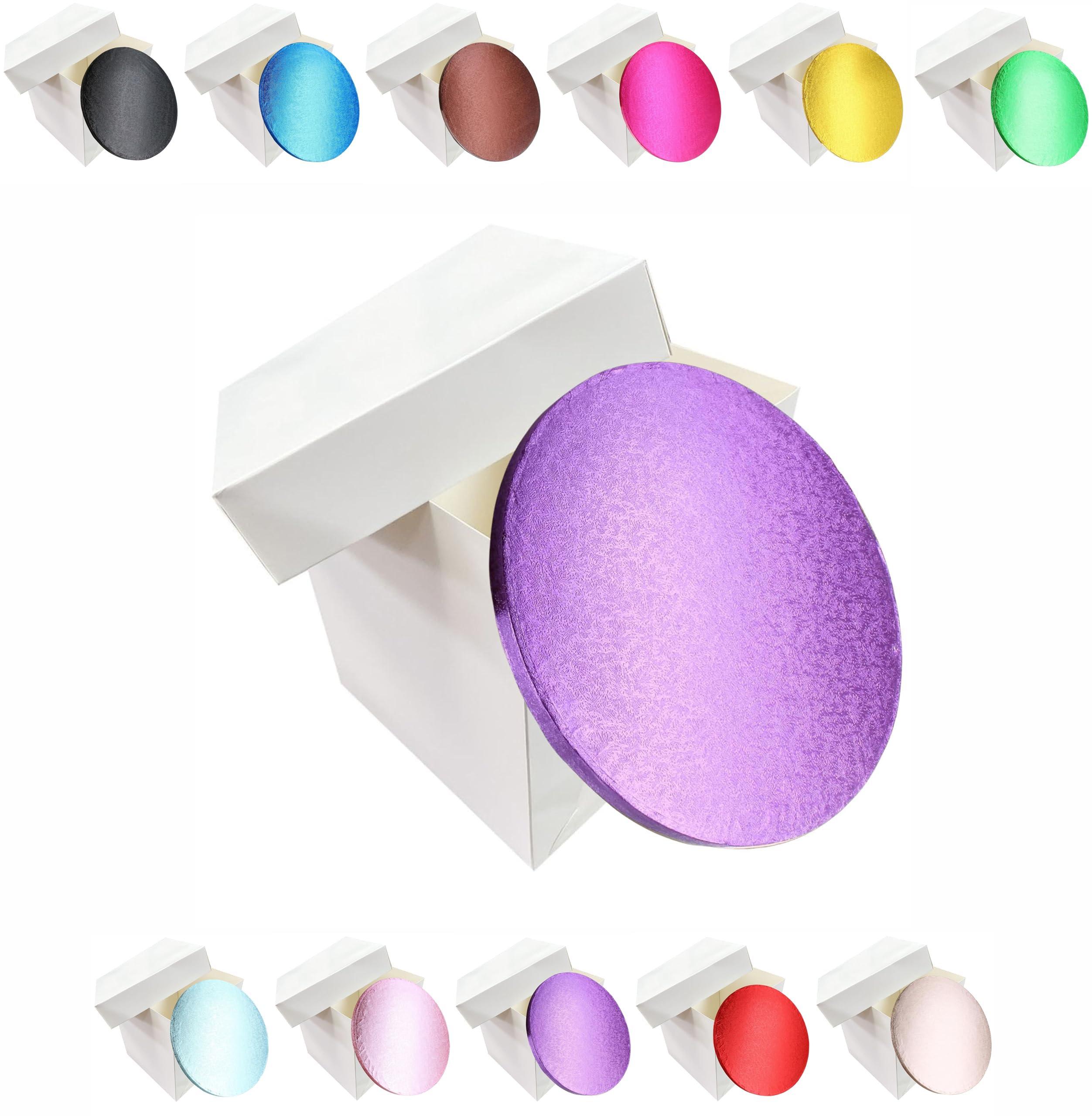 LARRYROO Tall White Extra Deep Cake Box + Lid & Round Colour Cake Drum Board Combo Pack for High Celebration, Wedding, Birthday Cakes (Purple, 14 Inch)