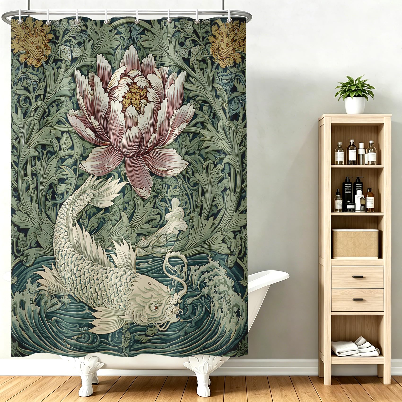 Générique Rideau de Douche Carpe Koï Japonaise 180x200cm | Rideau Douche Fleurs Plantes William Morris Tissu Polyester Hydrofuge Rideau Baignoire pour Salle de Bain avec Crochets