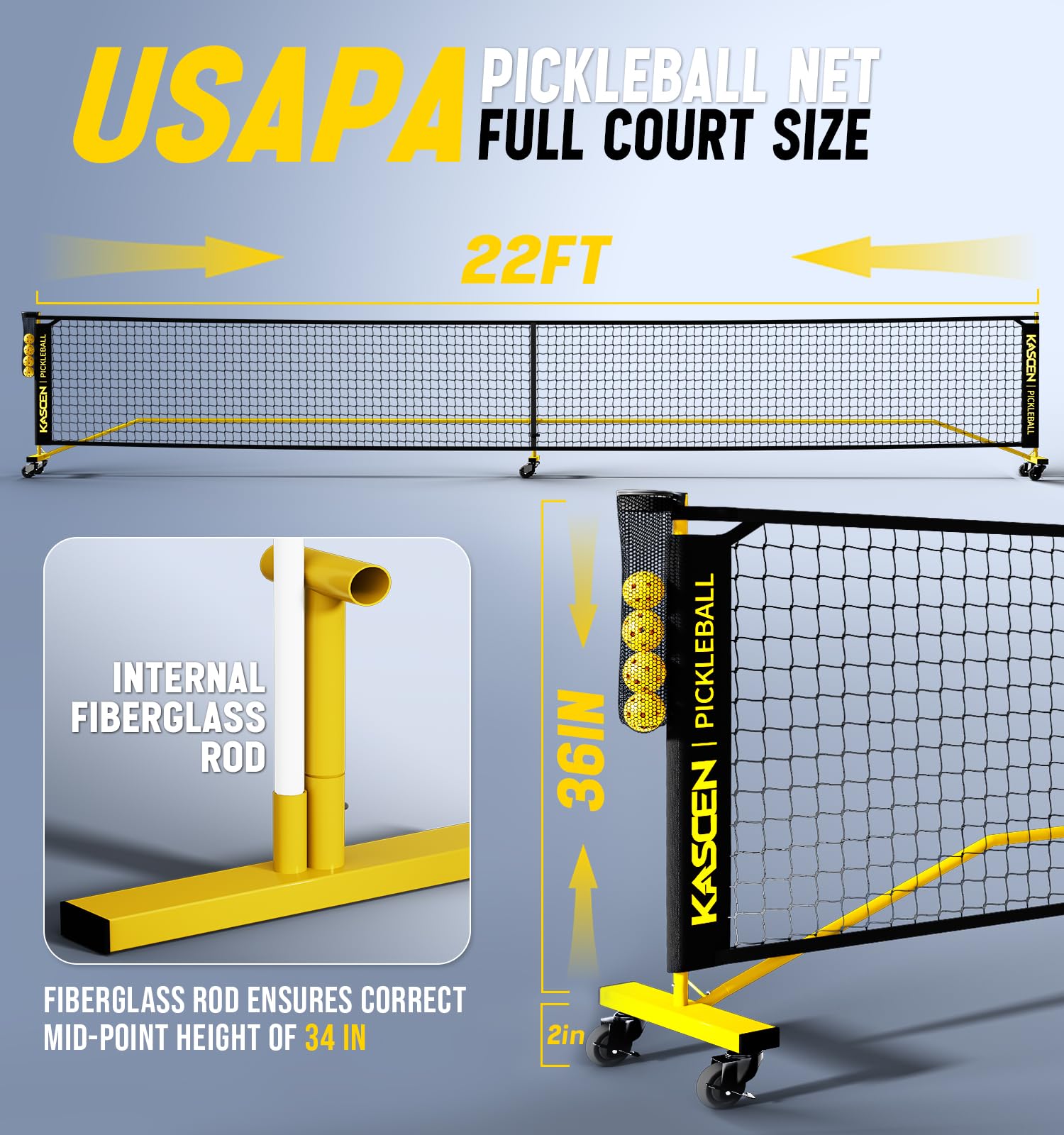 KASCEN Pickleball-Netz – Pickleball-Netz für Auffahrt, 6,6 m USAPA tragbares Pickleball-Set mit Netz, Pickle-Ballnetz mit 4 Pickleballs und Tragetasche, Pickle-Ballnetz für Outdoor, Innenhof,